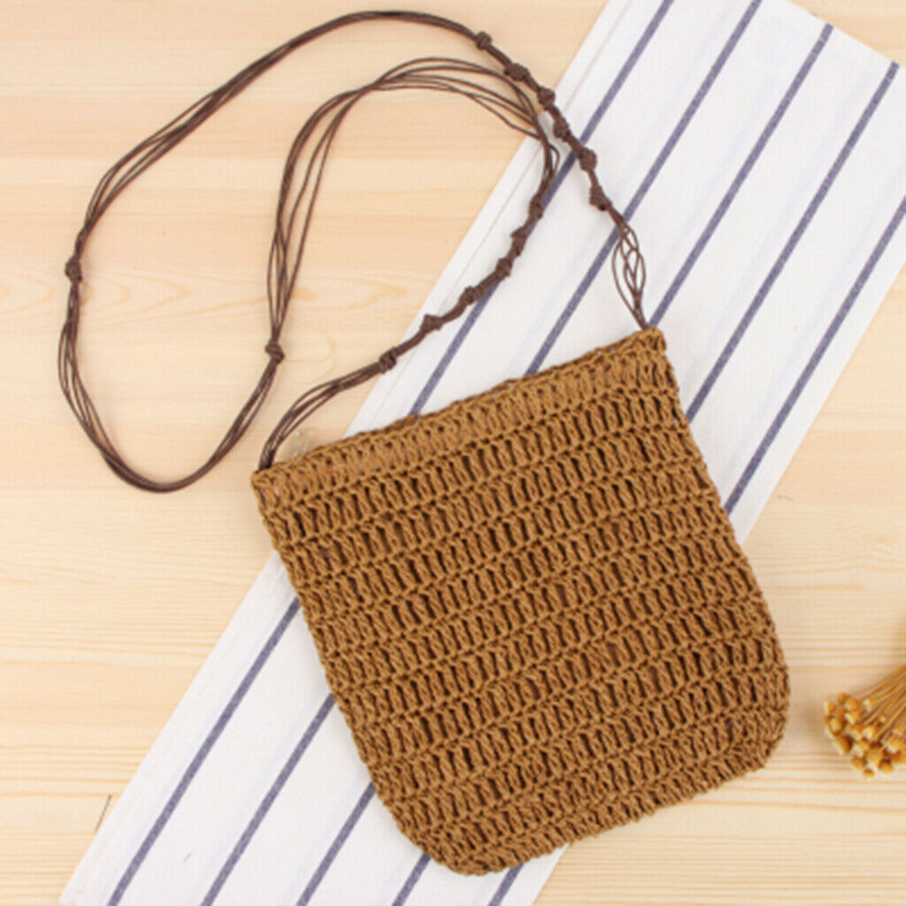 Summer Retro Straw Hand-Woven Satchel Messenger Beach Cross-body Bags Brown