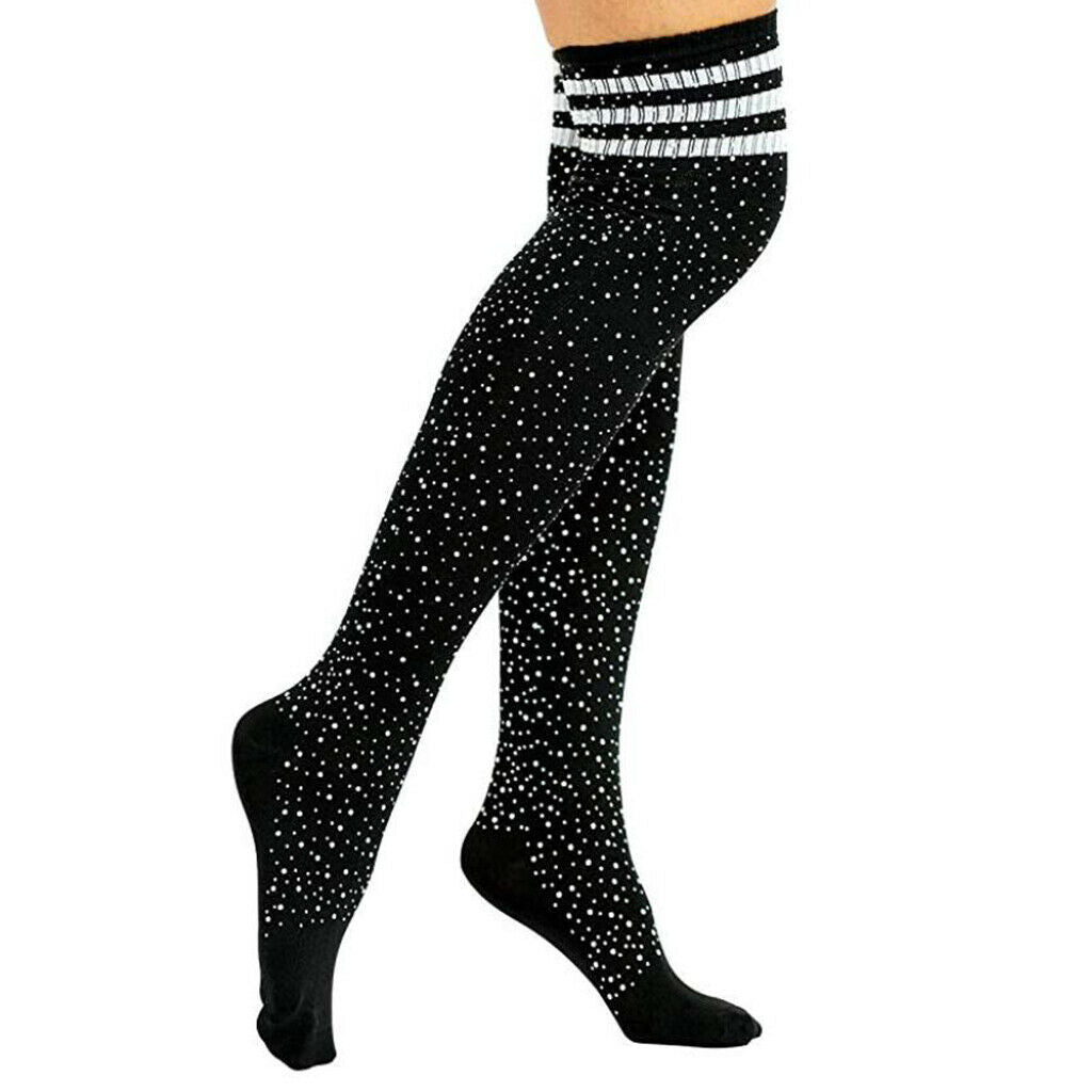 2Pairs Cotton Stripes Rhinestone Over Knee High Socks Casual Party Stockings
