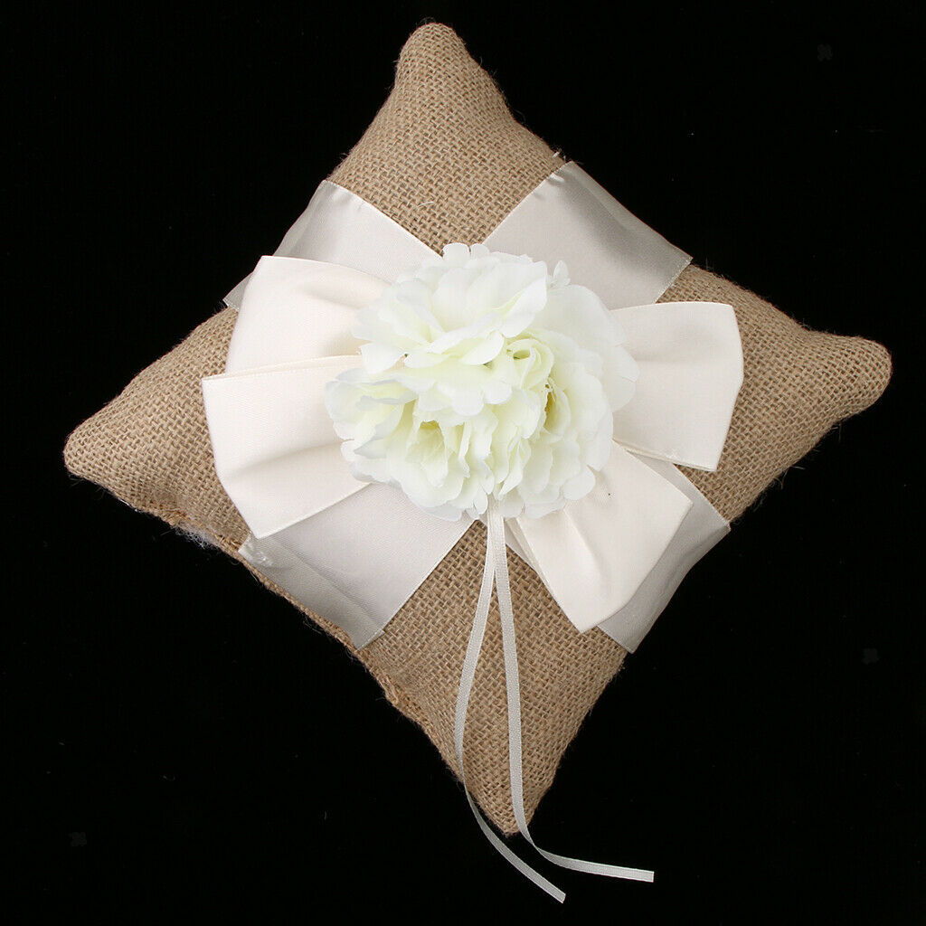 Beige Flower Wedding  Cushion Carrier Cushion - Burlap - Rustic Country