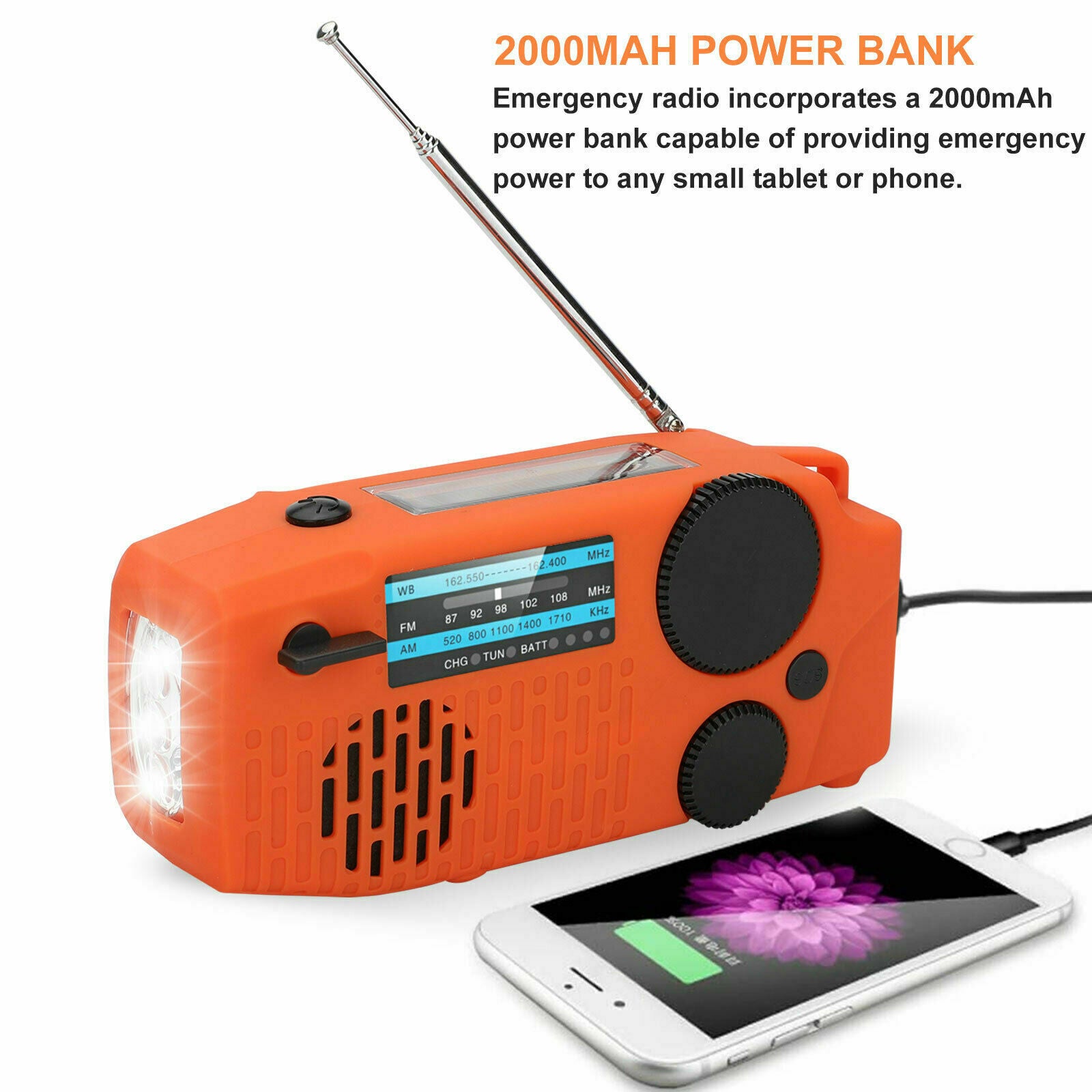 Solar Emergency AM/FM/NOAA Radio w/3 Weather Hand Crank  LED Fashlight SOS Alarm