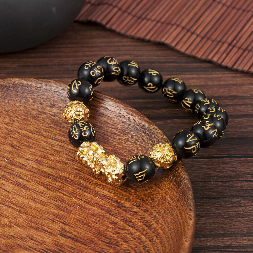 Feng Shui Black Obsidian Big Pixiu Bracelet Wealth Luck Dragon Glass Jewelry AU