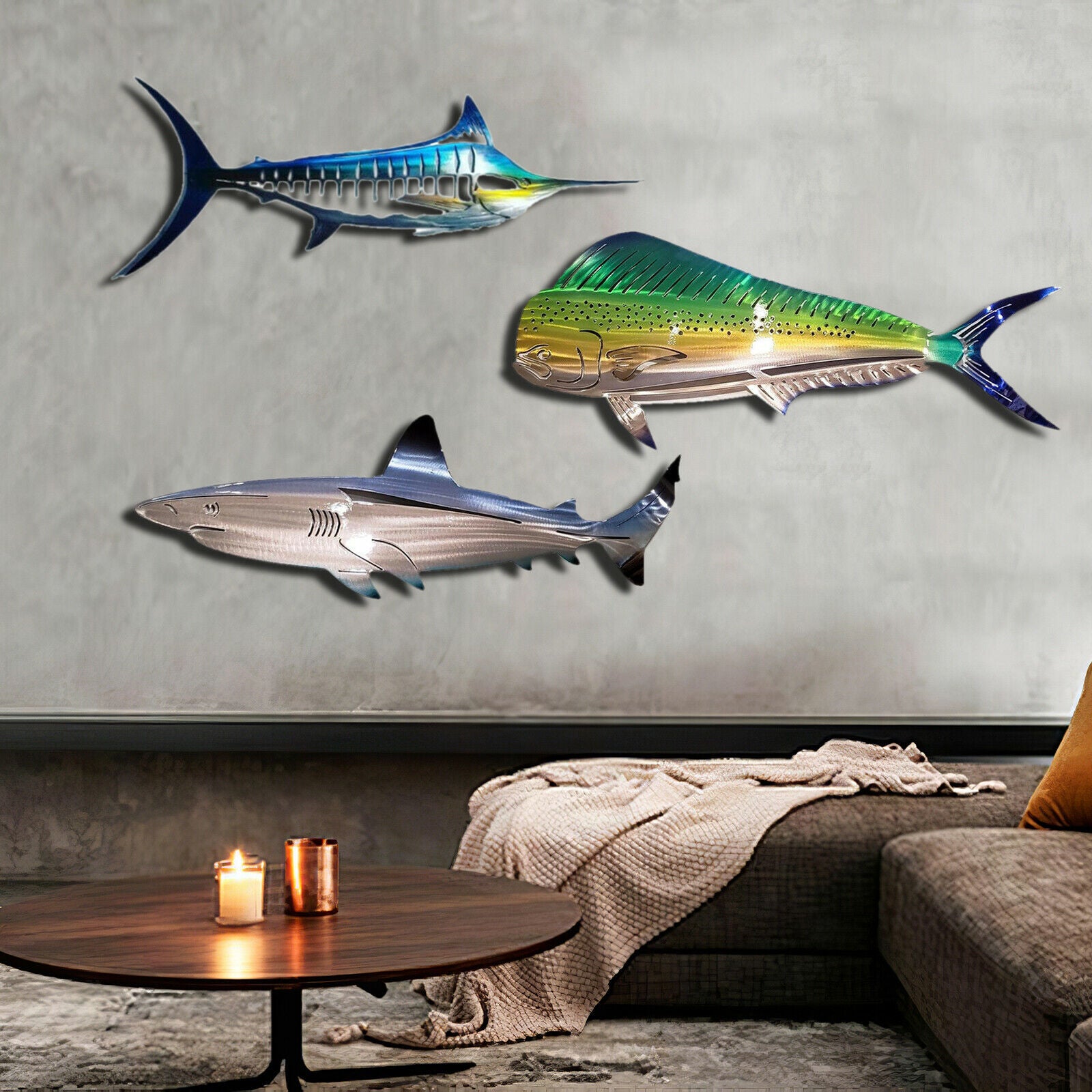 3Pcs Metal Shark Wall Decor Ocean Fish Hanging Sculpture Living Room Garden