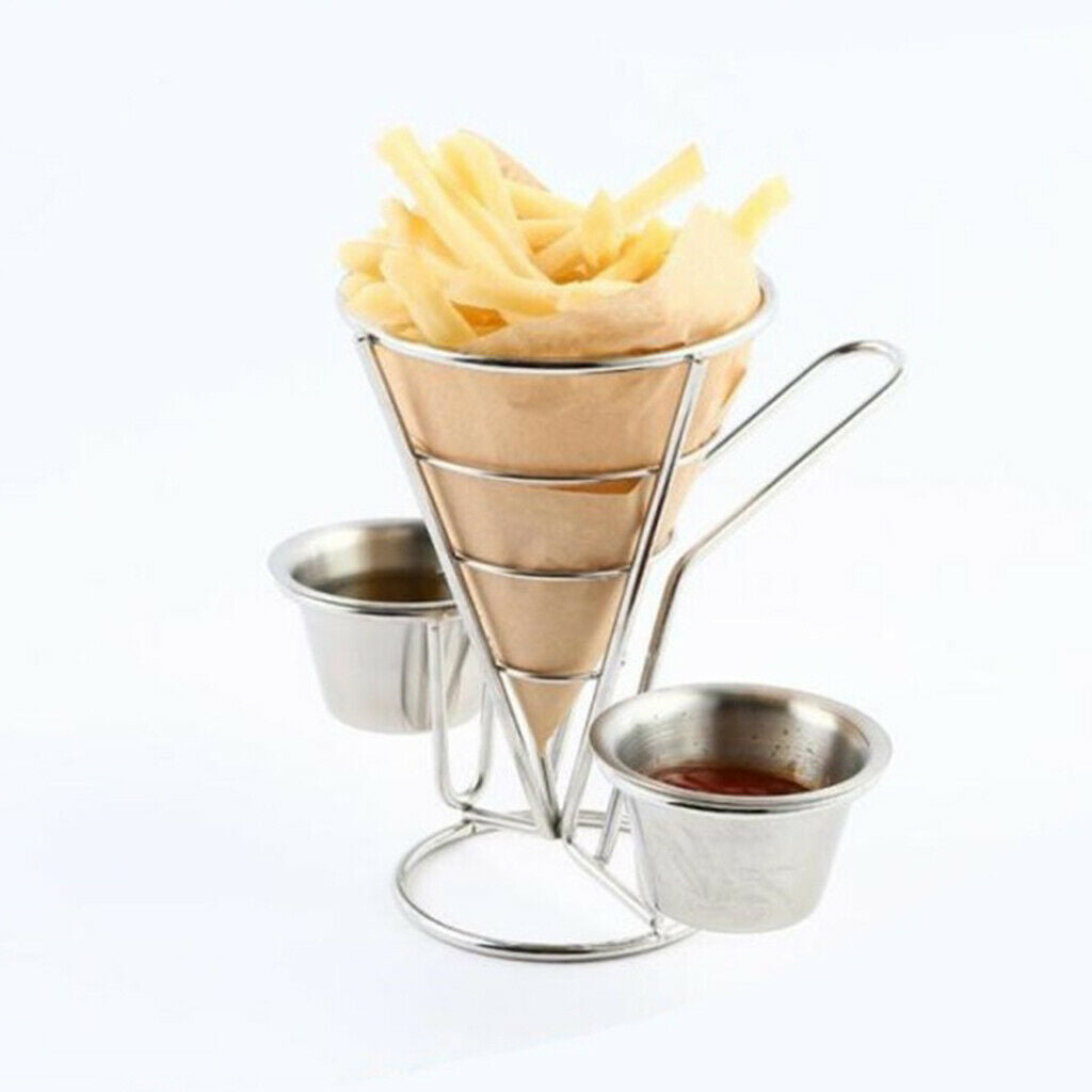 French Fry Holder Stand Cone Rack Snack Basket with 2 Dip Dishes Kitchen