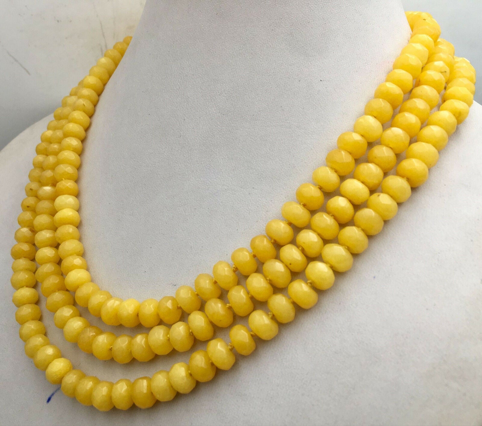 New Huge 5x8mm NATURAL yellow jade FACETED BEADS NECKLACE 3 Row 18-20''