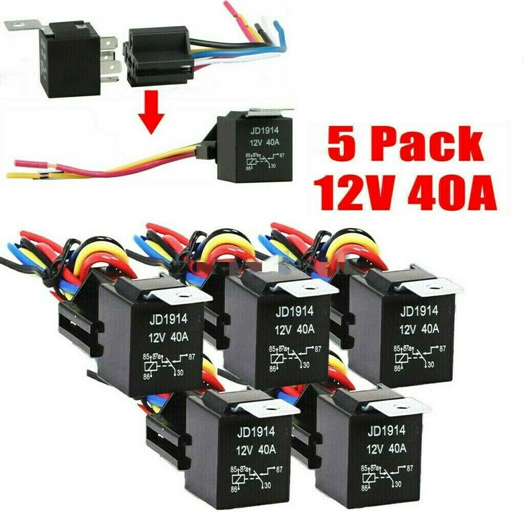 5 Pack 12V 30/40 Amp 5-Pin SPDT Automotive Relay with Wires & Harness Socket Set