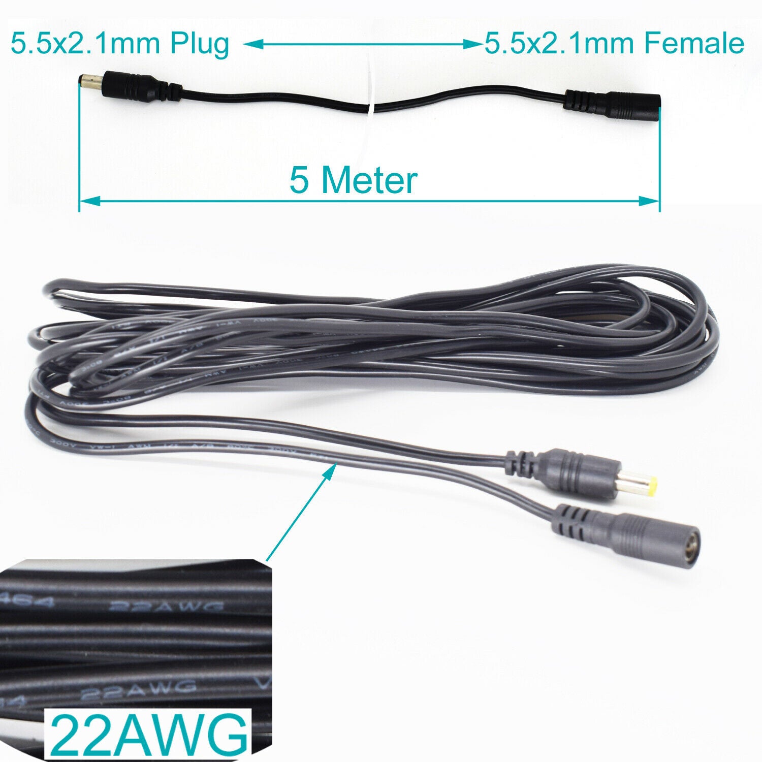 5pcs 5M DC Power Supply 5.5mmx2.1mm 2.1mm Male to Female Extension Cable 22AWG