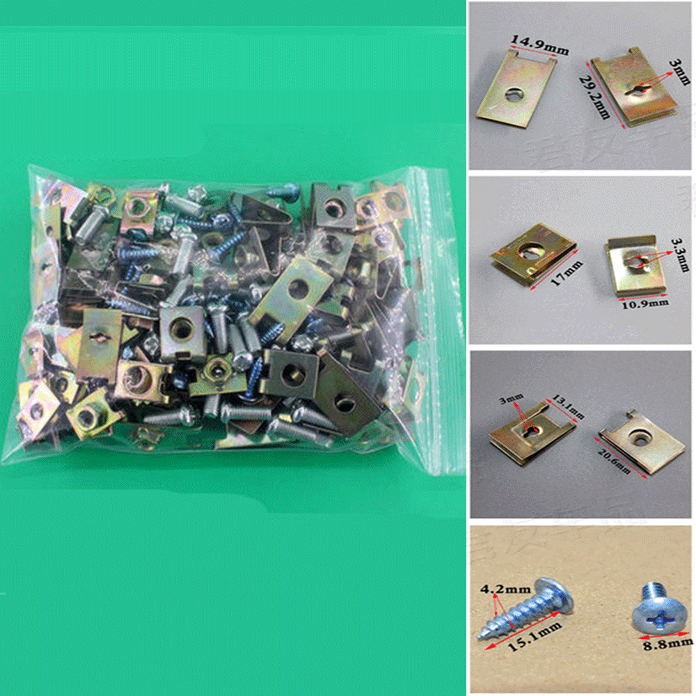 100Pcs Universal Mixed Auto Fasteners Car Panel Fender Metal Plate Clips U-Type
