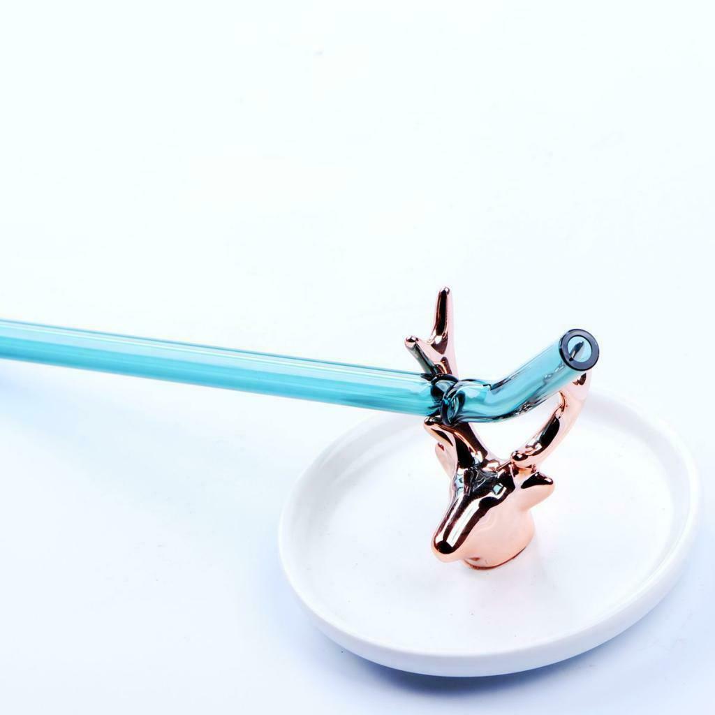 Creative Reusable Bent Glass Tube Drinking Straw + Cleaning Brush Lake Blue
