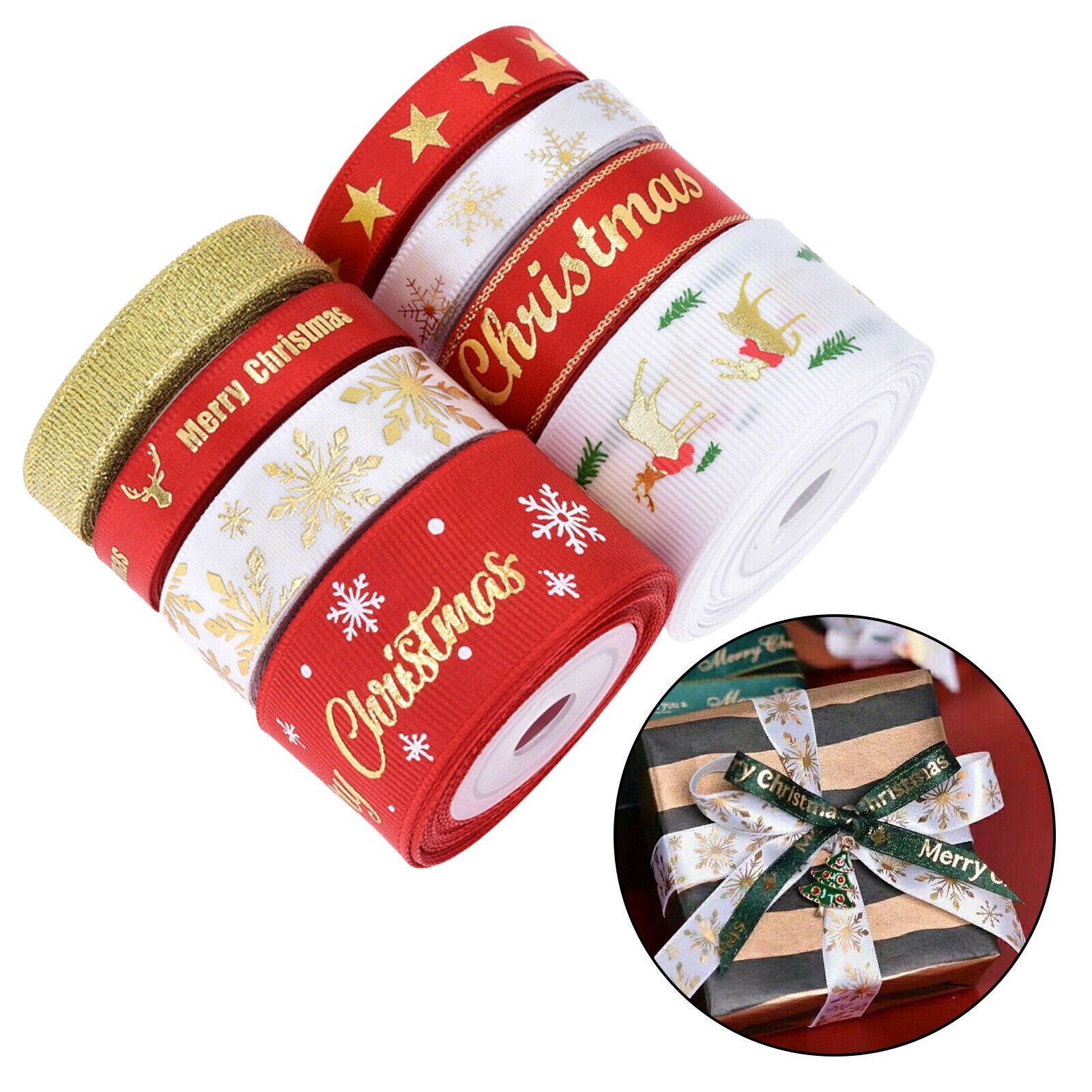 8x Christmas Ribbon Grosgrain Glitter Fabric Trimming Gift Wrapping Party