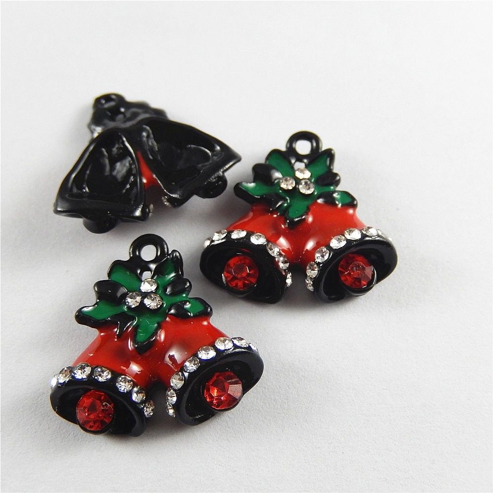 10 pcs Christmas Crystal Enamel Zinc Alloy Jingle Bell Charms Pendant Findings
