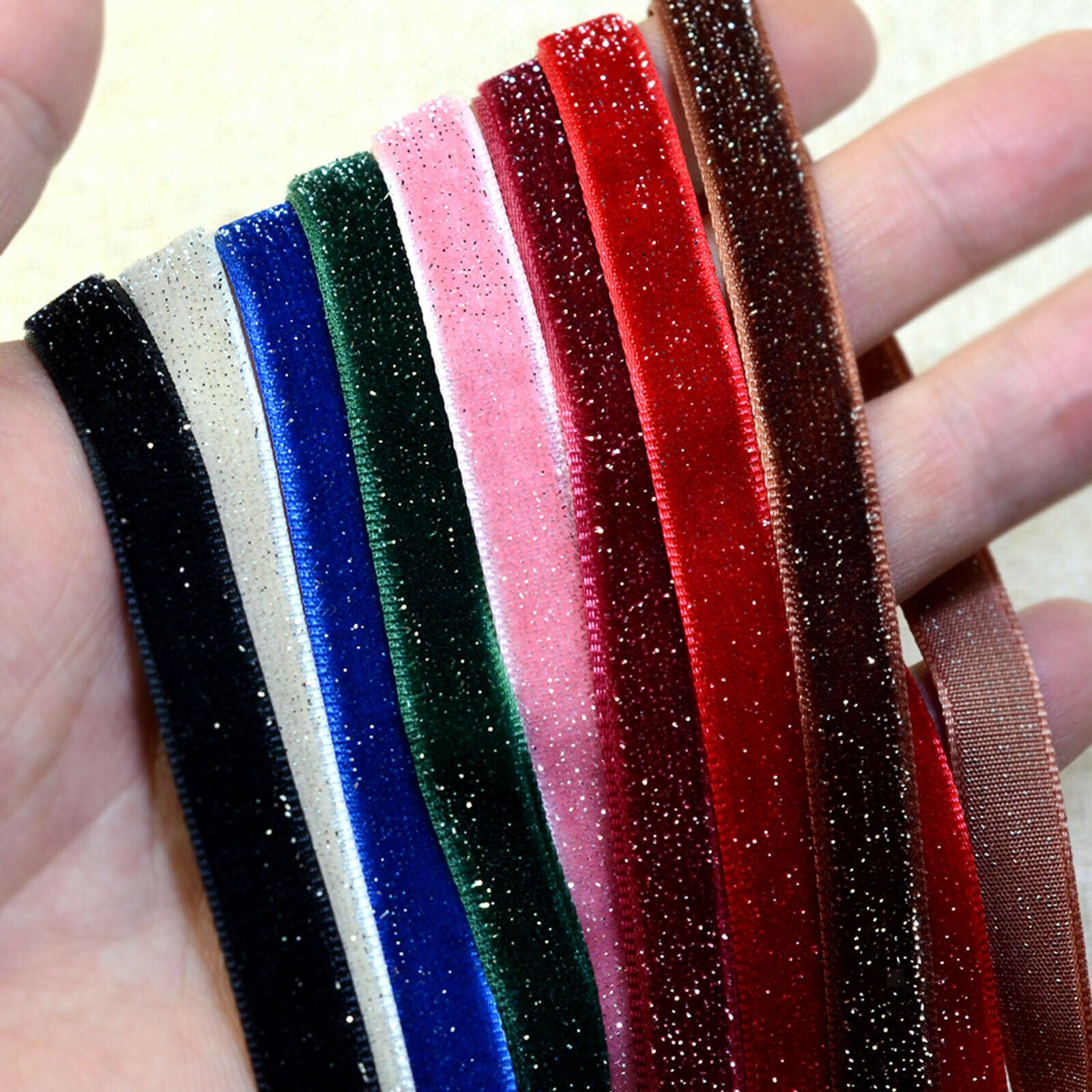 8pcs 2Yards Glitter Velvet Ribbon Assorted Colors 9mm Craft Gift Wrapping Hair