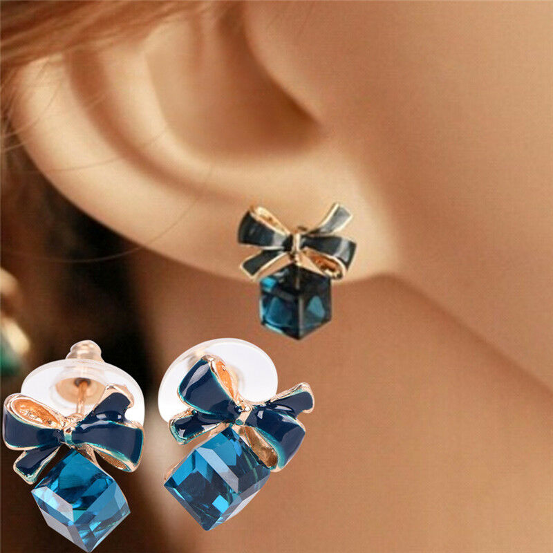Blue Crystal Rhinestone Enamel Bow Ear Stud Bowknot Earrings Gift WomenJew.l8