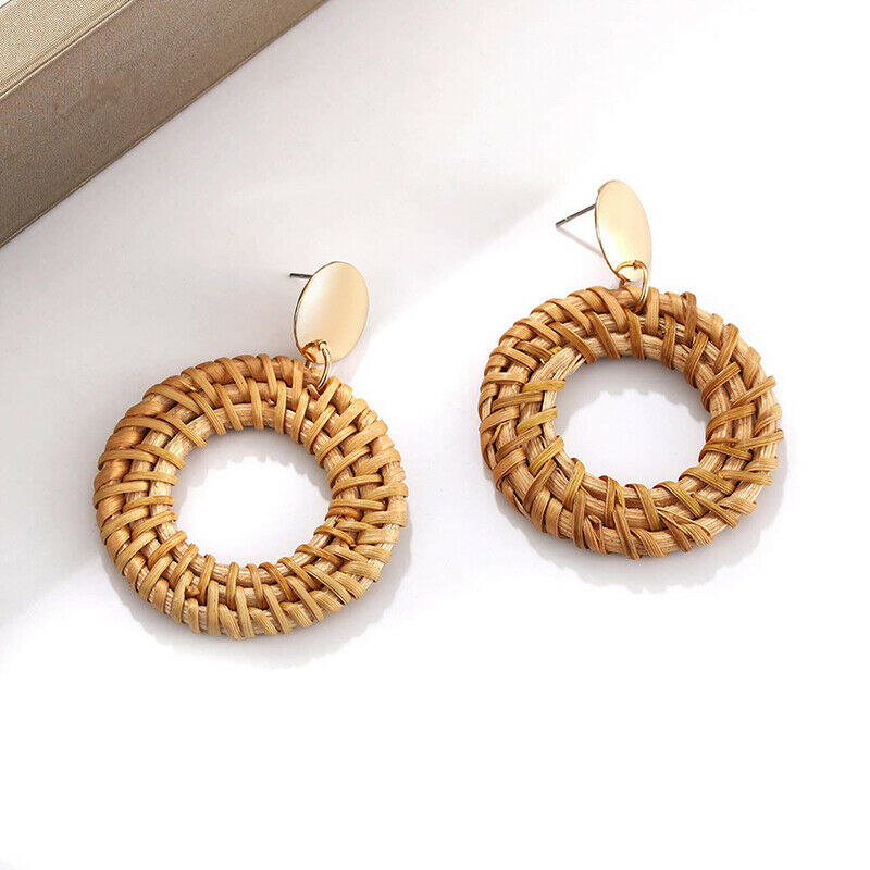 Korea Bamboo Wooden Straw Weave Rattan Knit Vine Circle Earrings for Wom.l8