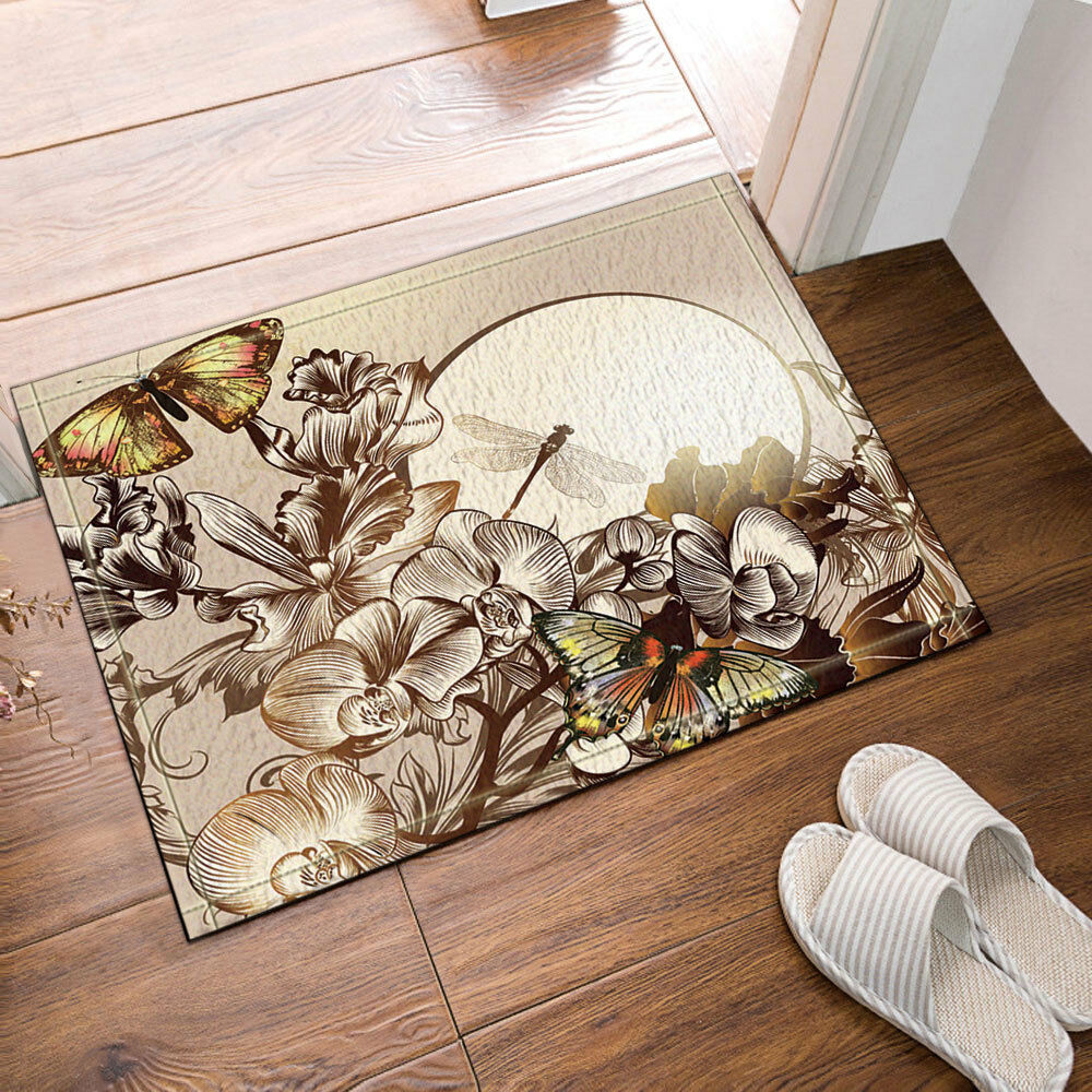 Butterfly And Dragonfly On Flower Bathroom Rug Non-Slip Floor Door Mat 16x24"