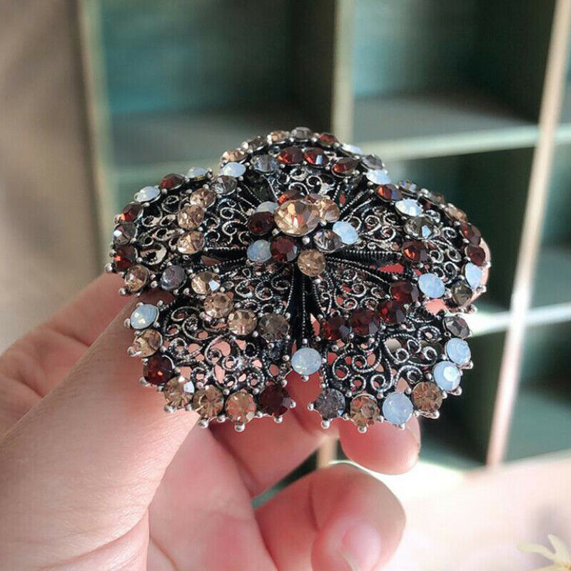 Retro Crystal Large Camellia Flower Brooch Women Lapel Pin Scarf Badge Je.l8
