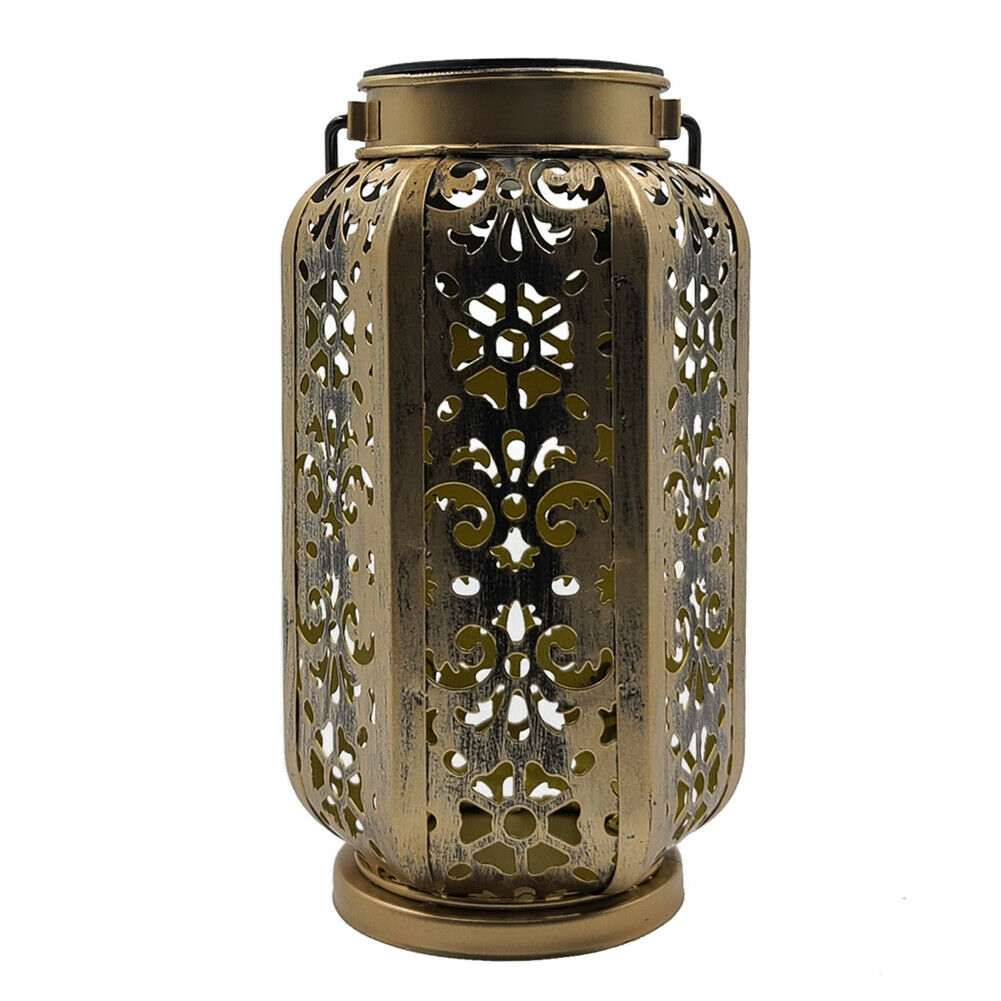 LED Solar Lamps Metallic Hollow Lantern Hanging Light Outdoor Garden Decor @