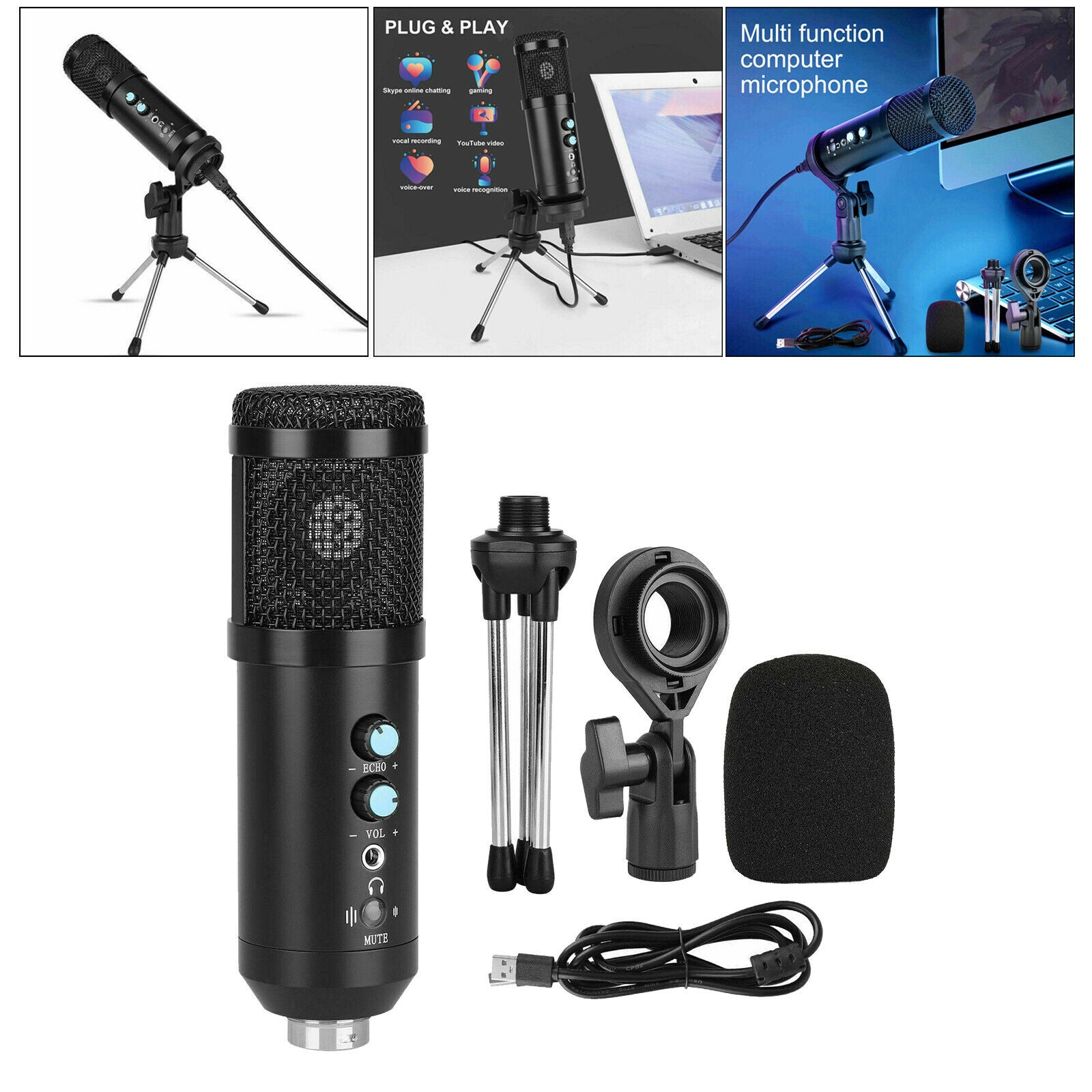 Computer Condenser Microphone Streaming Podcast Tripod Stand Cardioid Mic