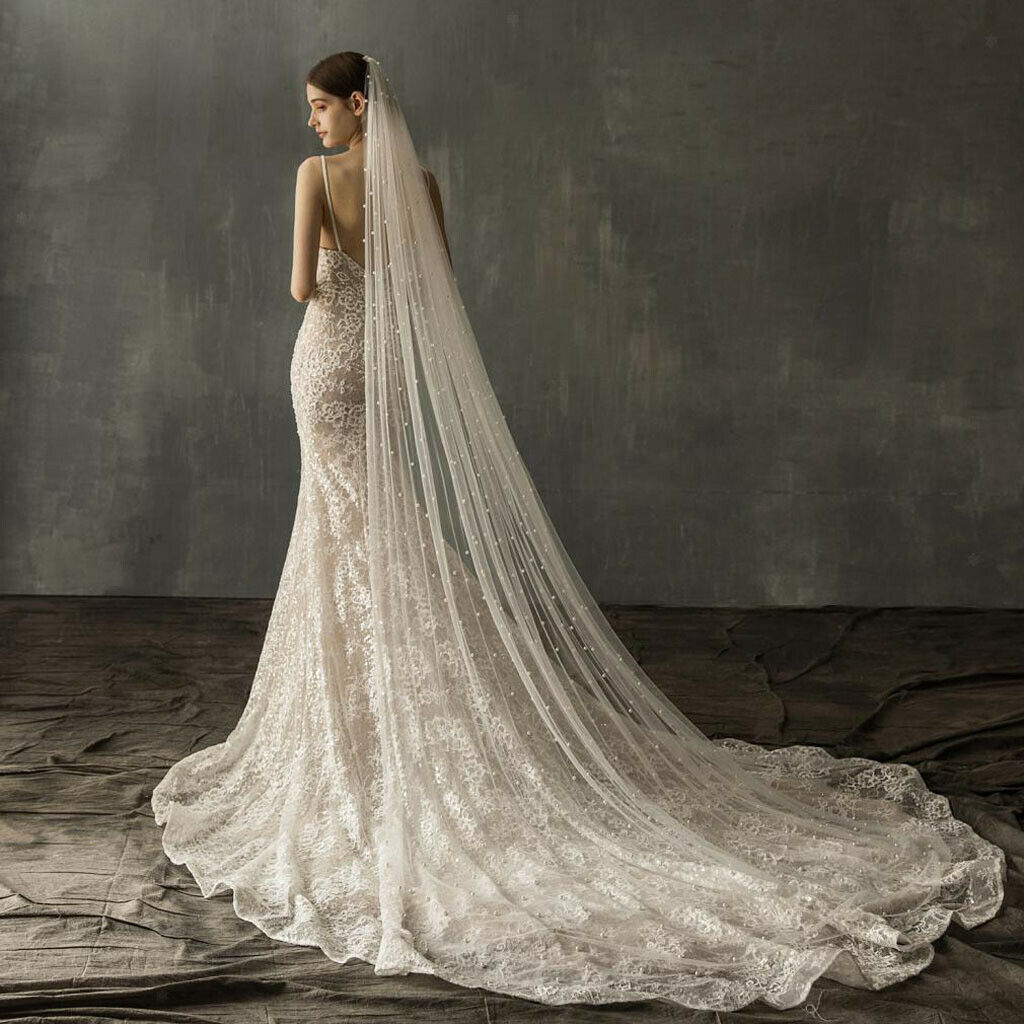 White Cathedral Length Soft Lace Wedding Bridal Veil Long Trail Pearls Decor