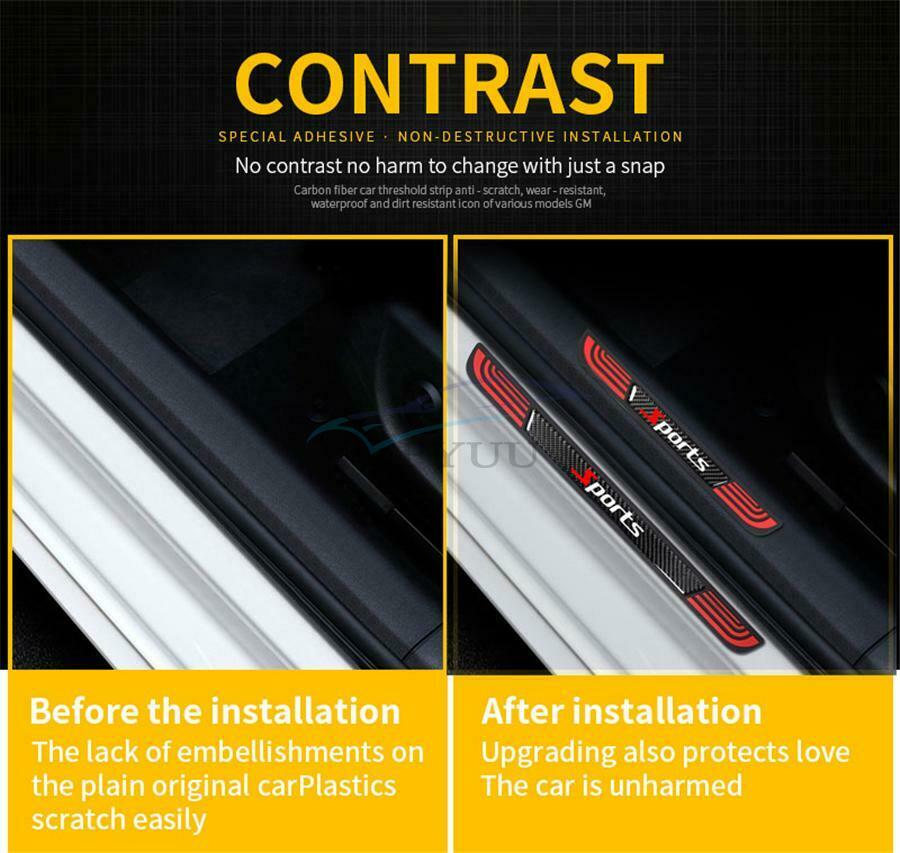 4PC Universal Rubber+Carbon Fiber Car Door Scuff Sill Cover Panel Step Protector