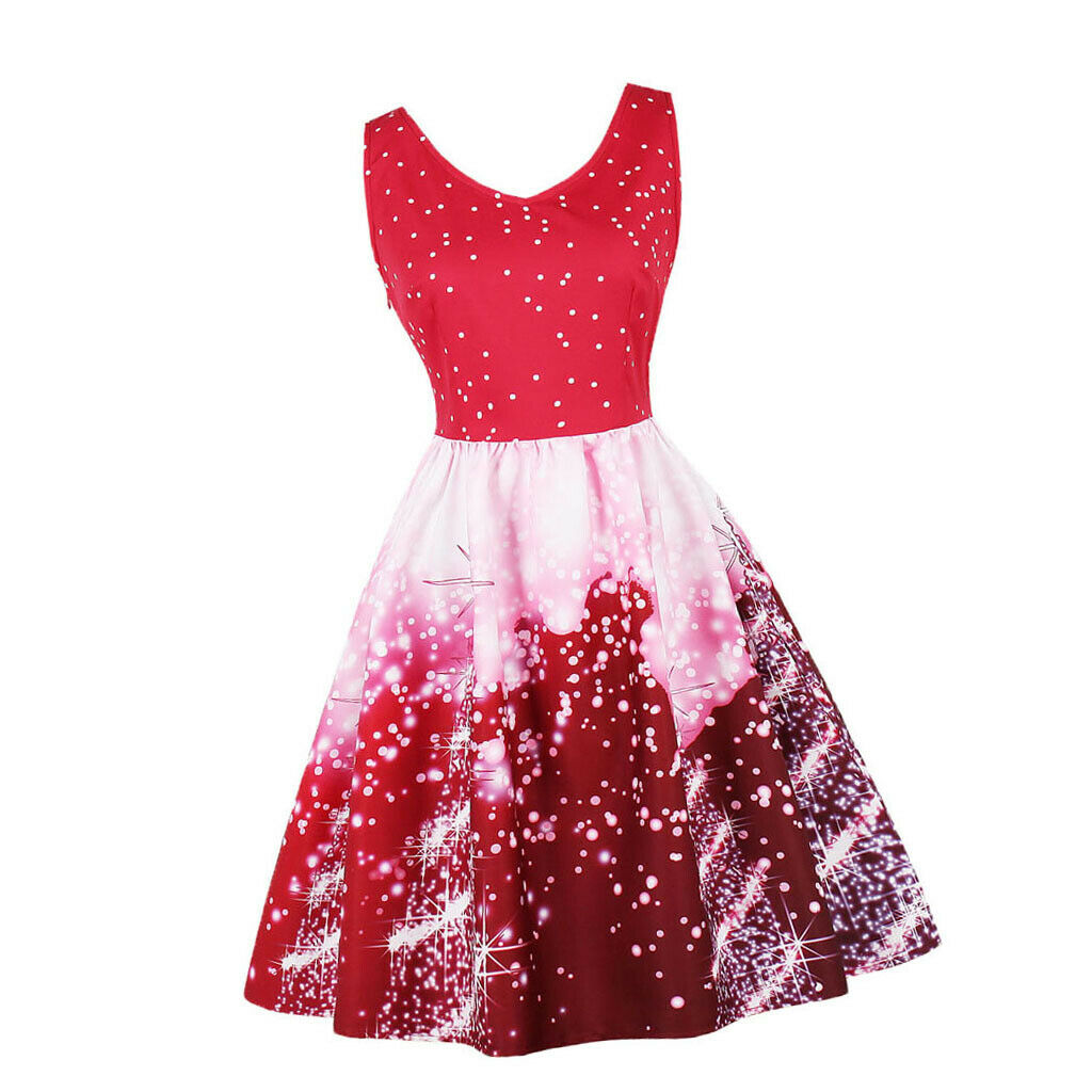 Women Christmas Party Polka Dots Snowflake V-neck Swing Dress M Red