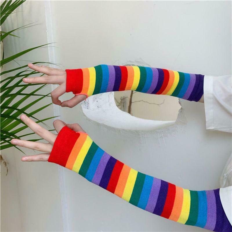 Women Girl Harajuku Elbow Length Fingerless Arm Sleeve Warmer Rainbow Colored