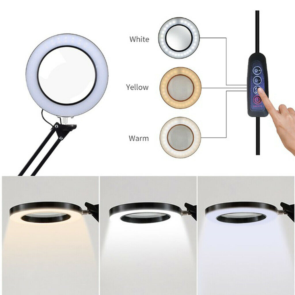 3 Color Modes Lamp 5X Magnifying Glass w/ Clamp for Table Reading Craft 25cm