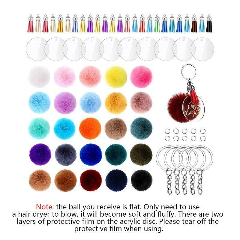 1 Set Acrylic Keychain Blanks with Key Rings Round Clear Discs Circles Tassel
