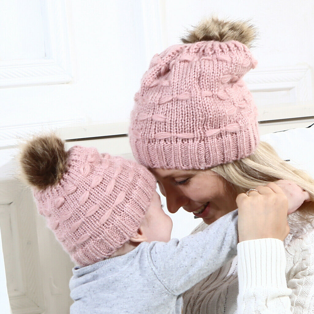 2PCS Parent-Child Hat Warmer Winter Knit Hat Beanie Ski    Pink