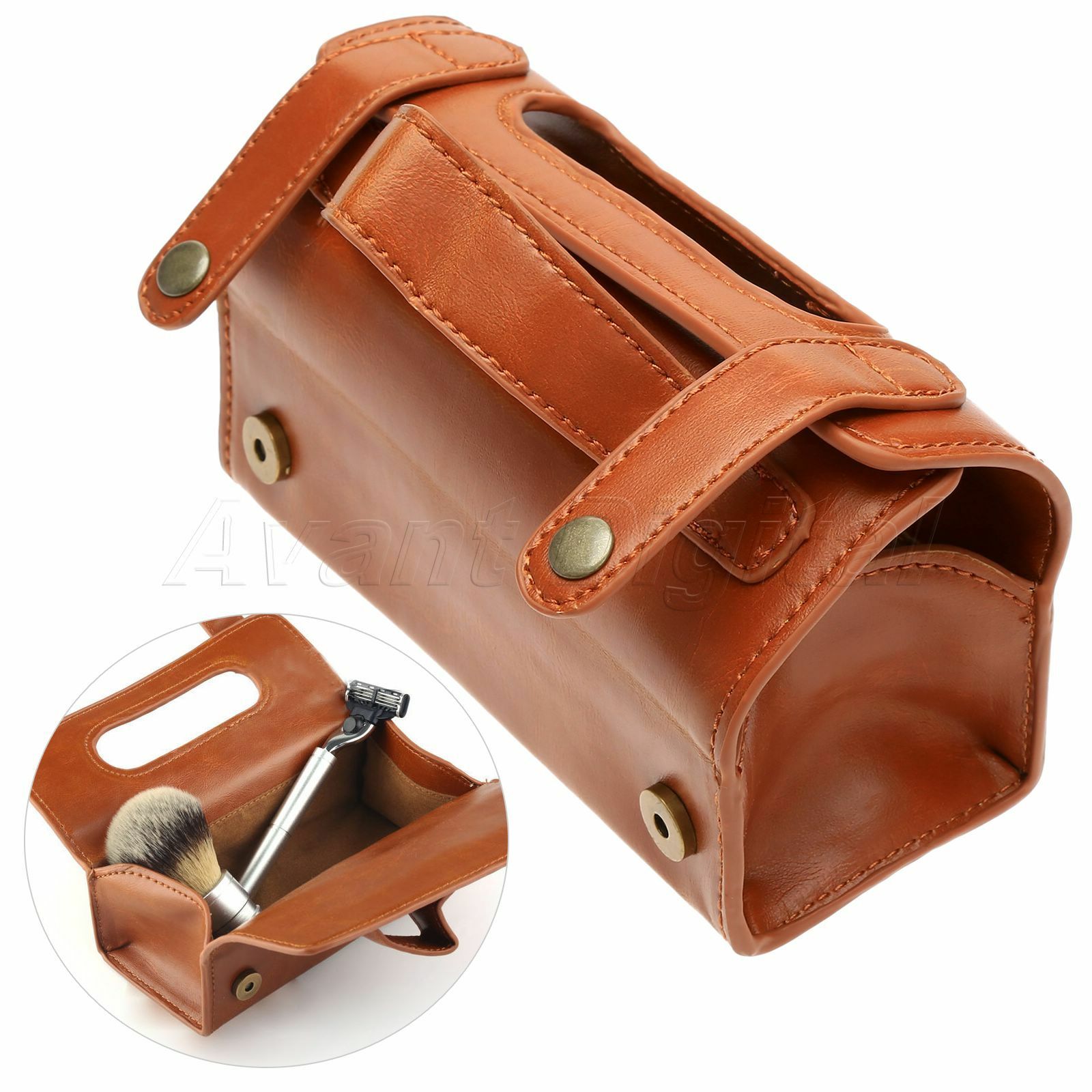 Brown Leather Men's Travel Sports Pouch Case Shaving Brush & Razor Toiletry Bag