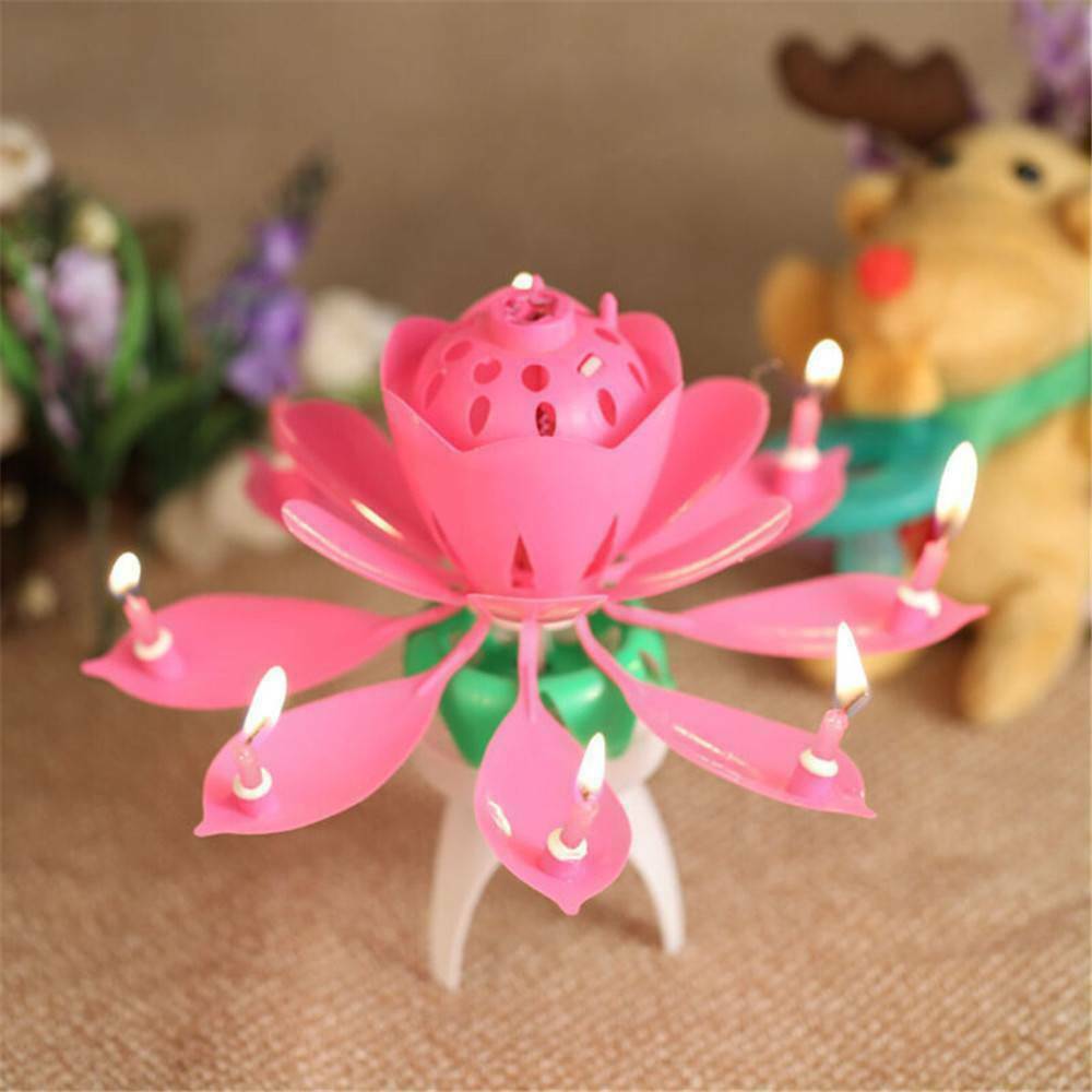 Musical Charming Lotus Flower Rotating Happy Birthday Party Lights Candle Gifts