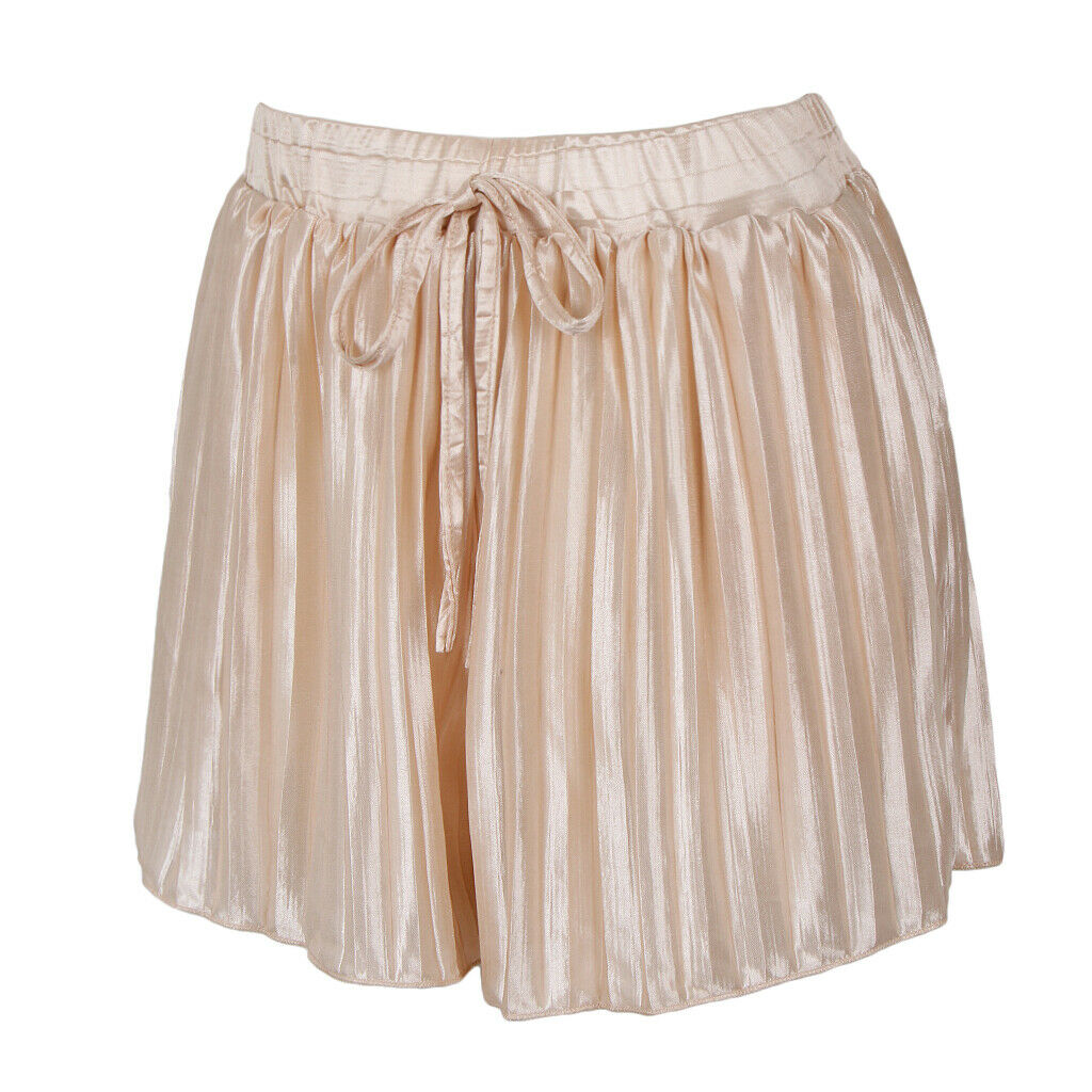 Womens Casual Pleated Chiffon Shorts Culottes Wide Leg Mid Rise L Beige