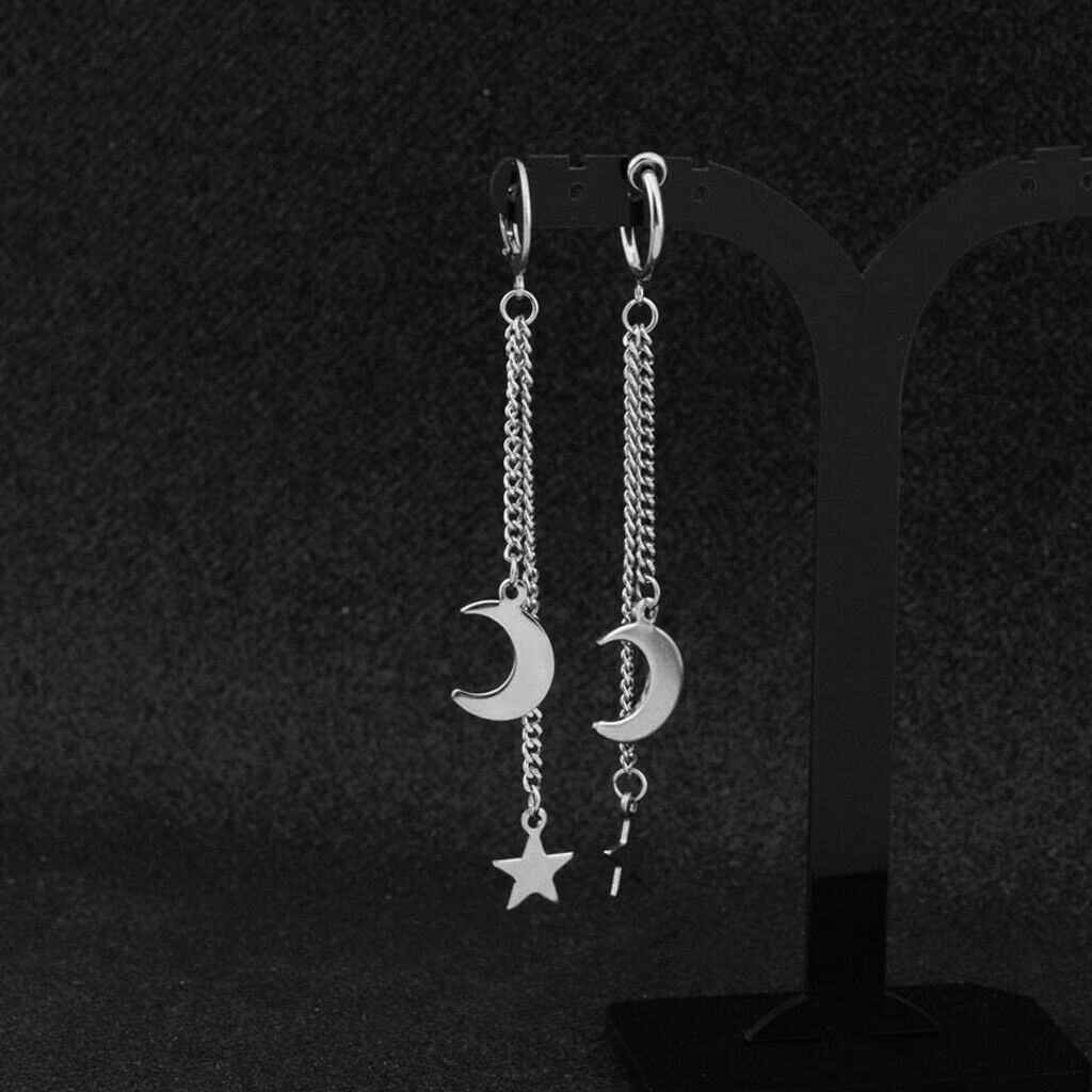Titanium Steel Moon and Star Tassel Dangle Drop Pendant Earring Korean Jewelry