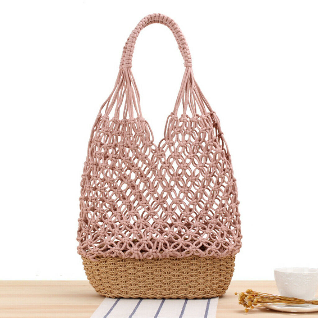2PCS Womens Straw Shoulder Bag Beach Shopping Bag Woven Bag Purse Pink+White