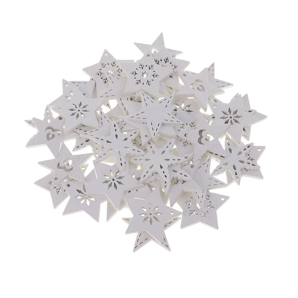 50 Pieces White Wood Cutouts Star Shapes Wood Snowflake Wooden Decoration