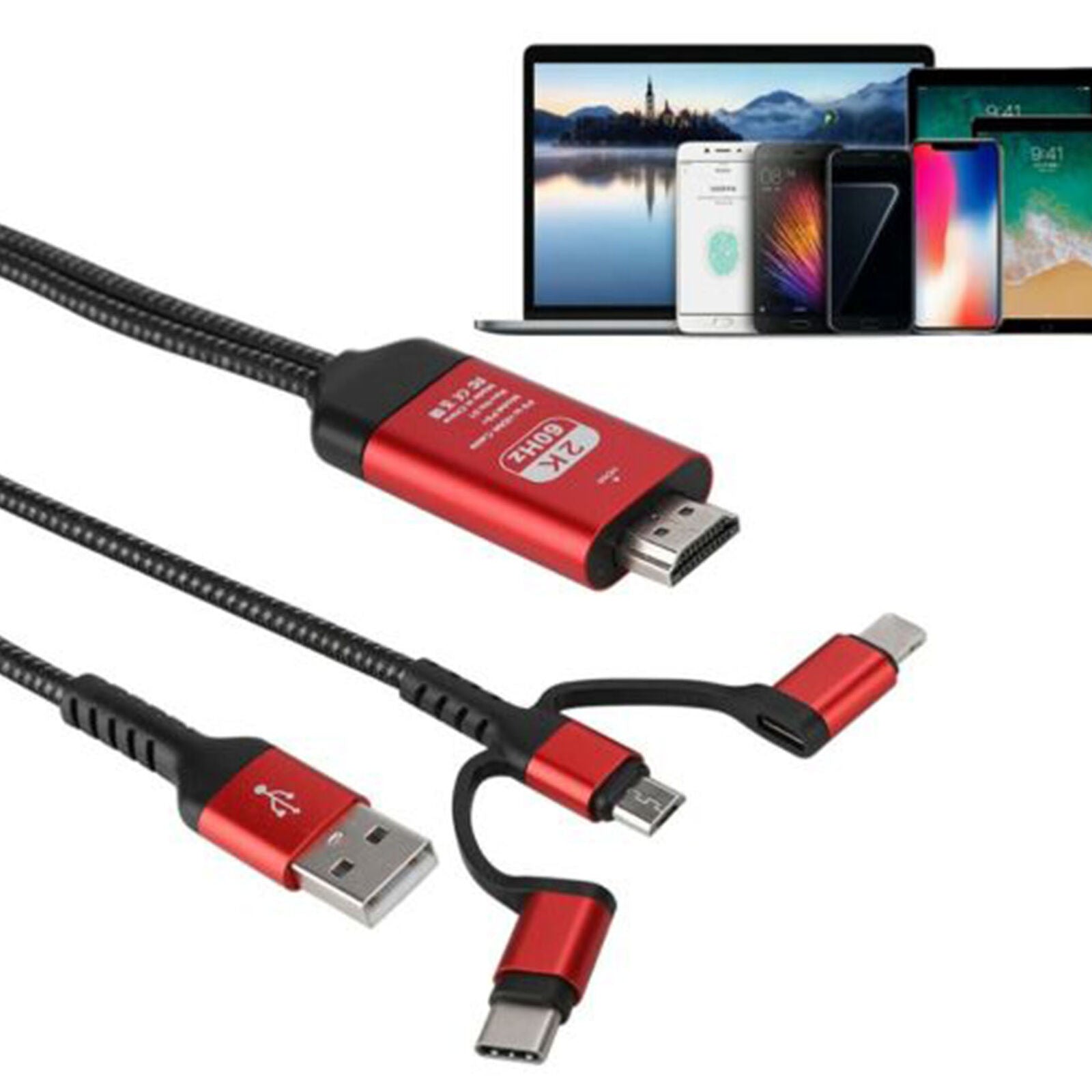 For Android/iOS 3-in-1 MHL USB Type C To HDMI Cable 1080P HD TV Adapter RED