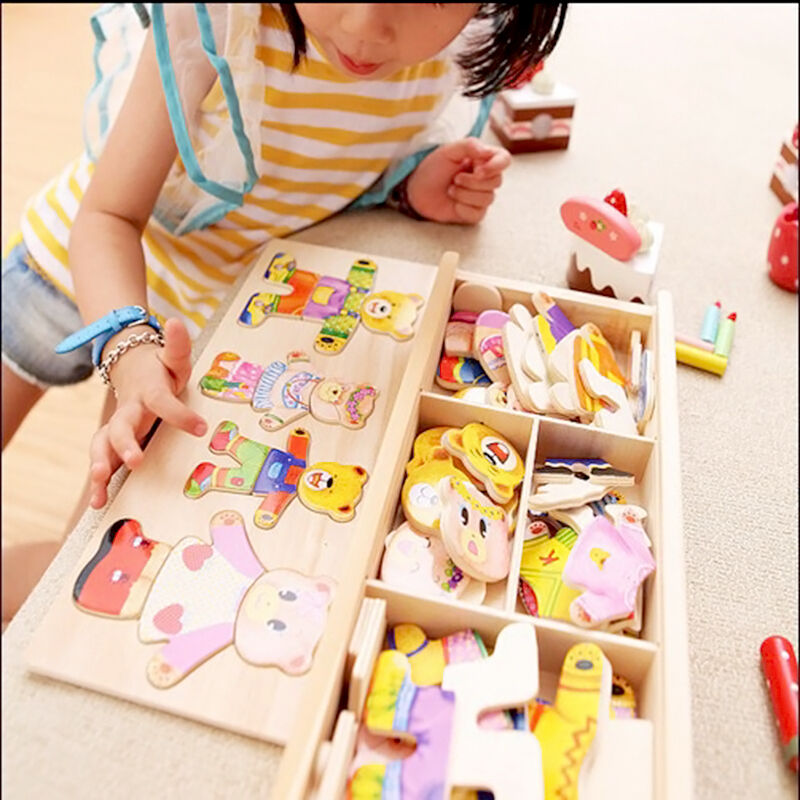 Wooden Baby Bear Changing Clothes Puzzle Set Children Kids Educational Toys Gift
