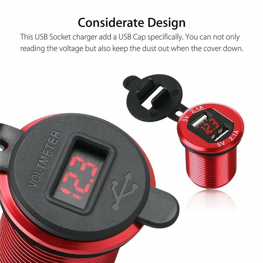 Red 12V Dual USB Port 4.2A Car Cigarette Lighter Charger Socket w/ LED Voltmeter
