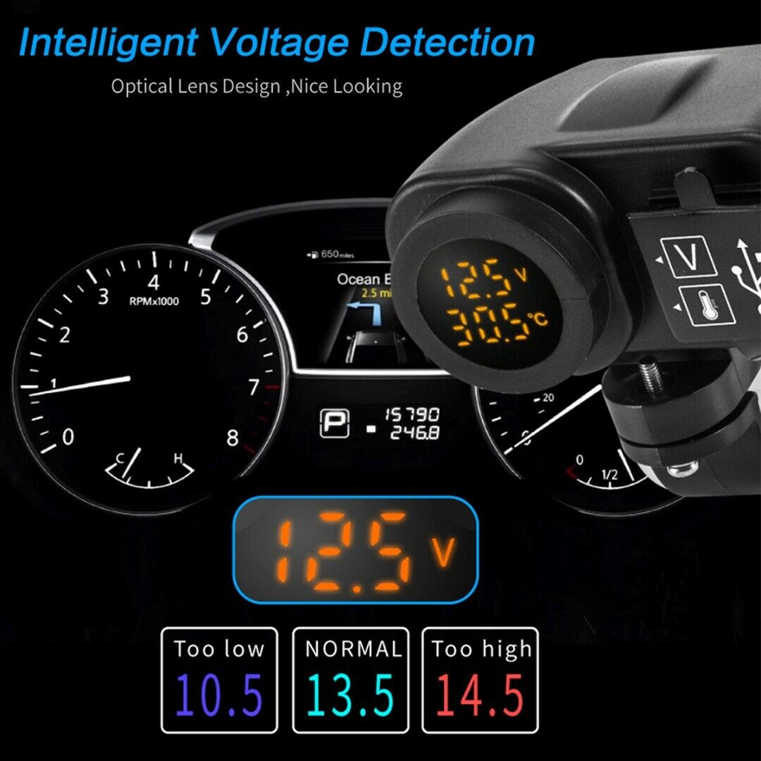 Cell Phone 2 Port USB Charger 2.1A+2.1A LED Voltmeter Thermometer For Motorcycle