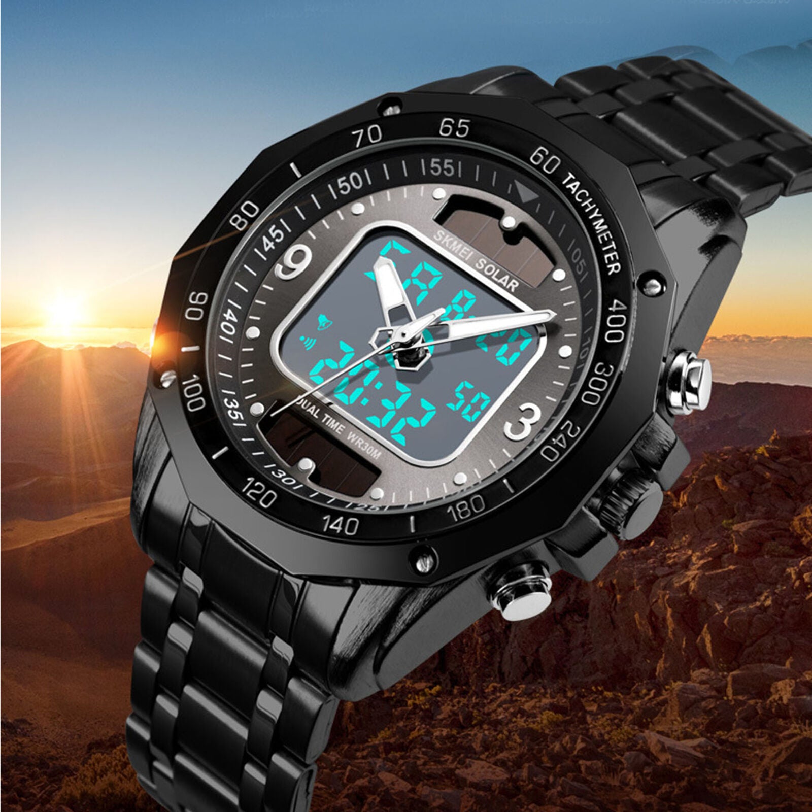 Solar Men's Power Sports Analog Digital Dual Luminous Waterproof Wrist Watch