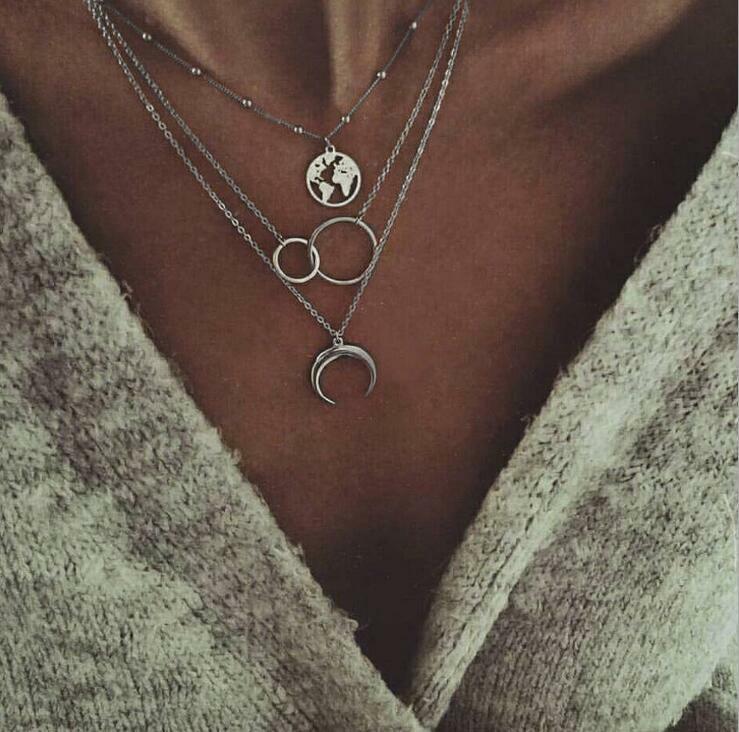 Women Fashion Moon World Map Circle Pendant Multilayer Necklace Jewelry Gifts