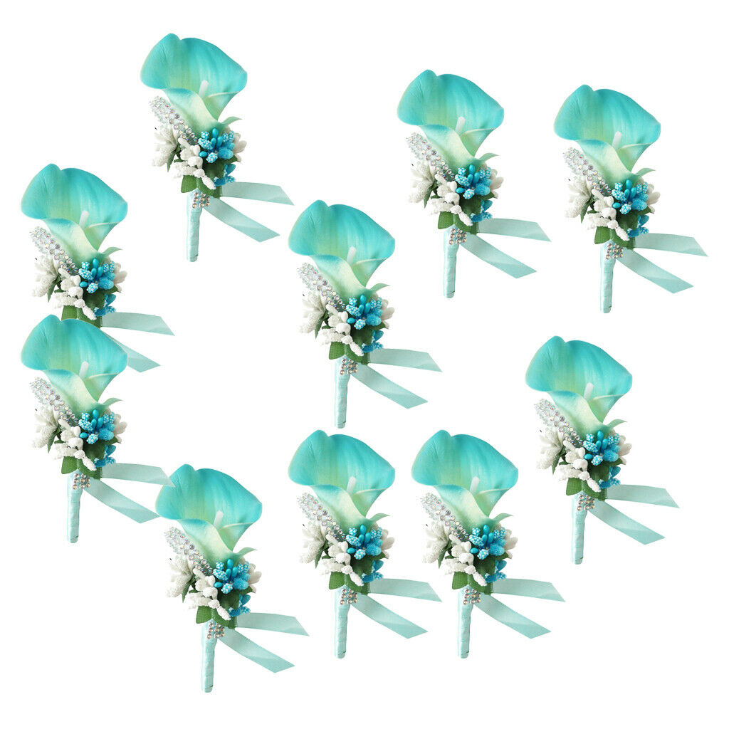 10Pcs Flowers Boutonniere Set Wrist Corsage Wristband, Groom Groomsman