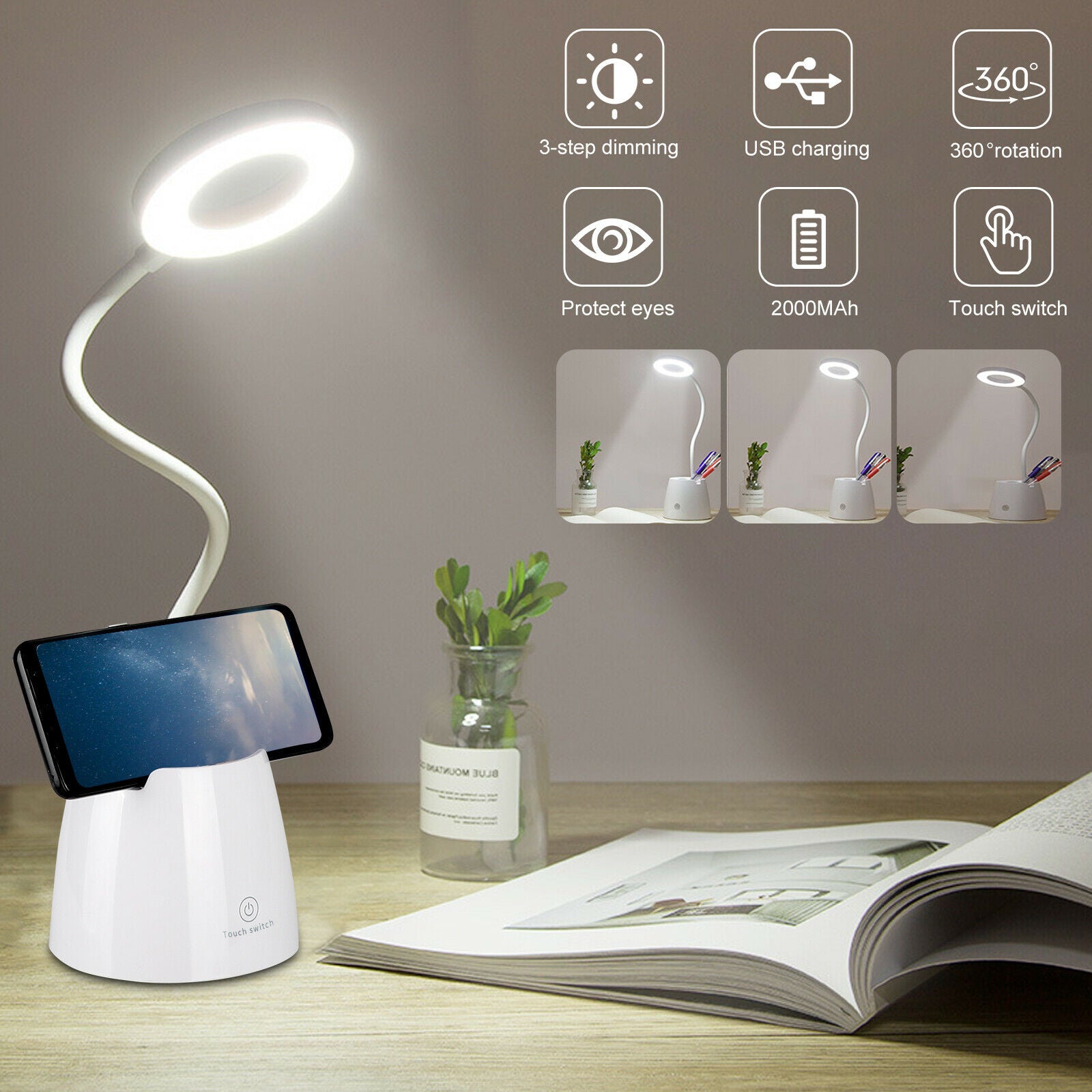 LED Desk Light Bedside Reading Lamp Dimmable Rechargeable Table Touch Control