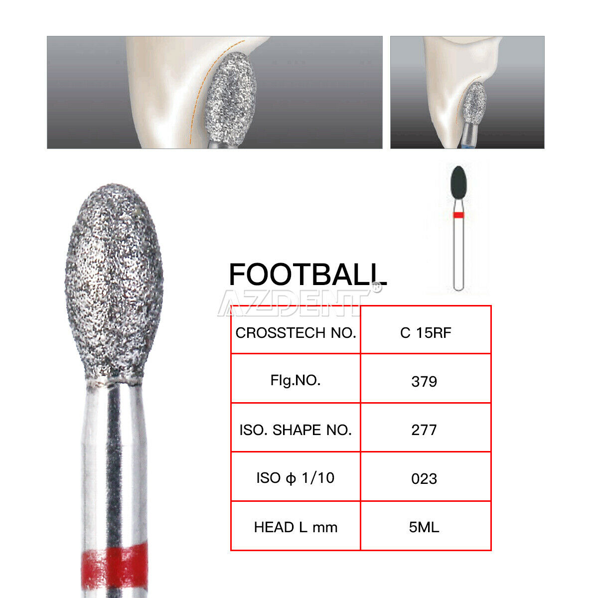 10pcs/Box AZDENT Dental Diamond Burs Football #379-023F Fine Red