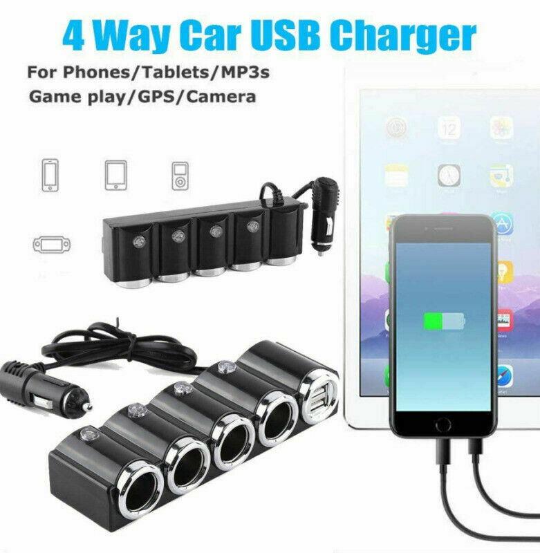 Multi 4 Way Car Cigarette Lighter Socket Splitter USB Plug Charger DC 12V-24V