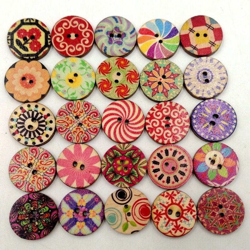 Prettyia 100x 20mm Wooden Buttons Mixed Designs Craft Scrapbook Sew Cards