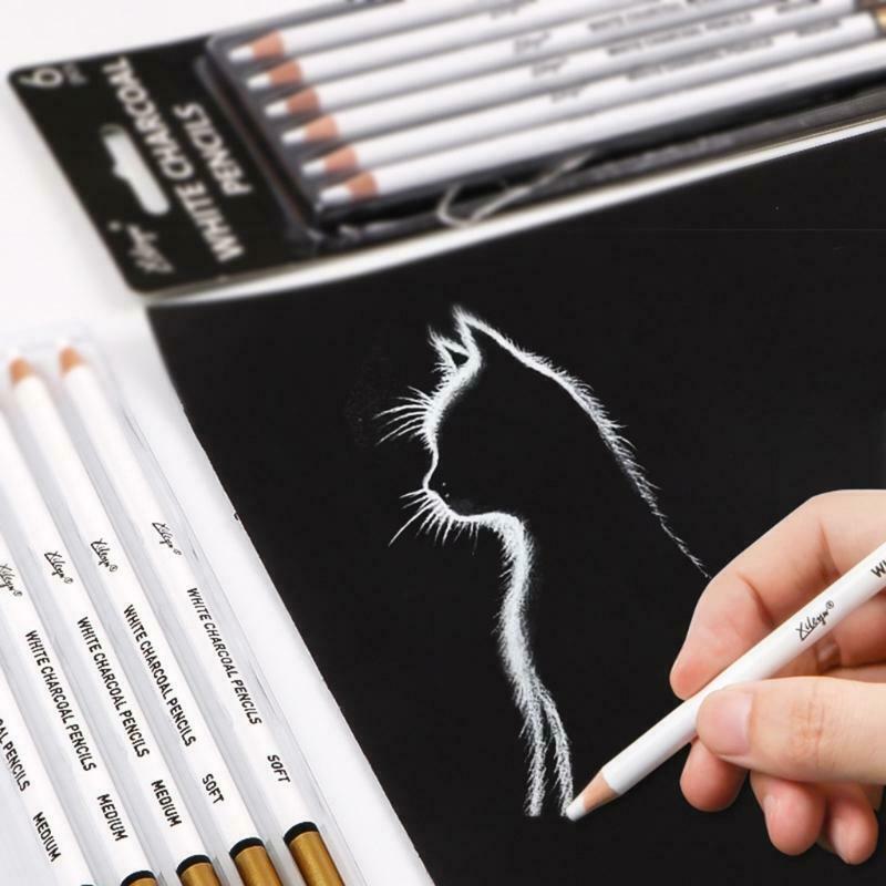 Set of 6 Prmeium White Charcoal Pencils Set 3 Pcs Soft 3 Pcs Medium for Drawing