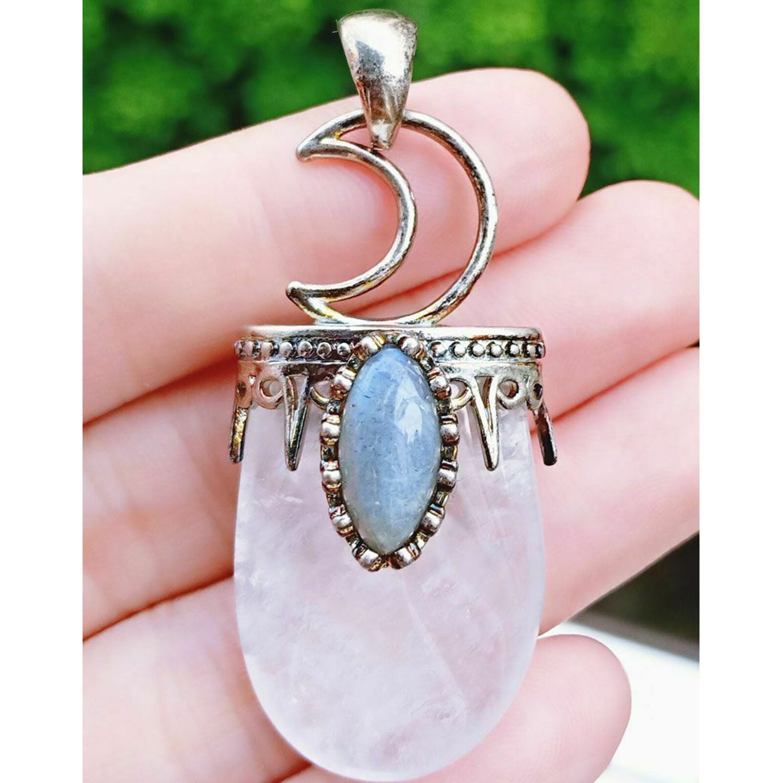 Nature Rose Rock Quartz Labradorite Stone Pendant Energy Reiki Healing Amulet