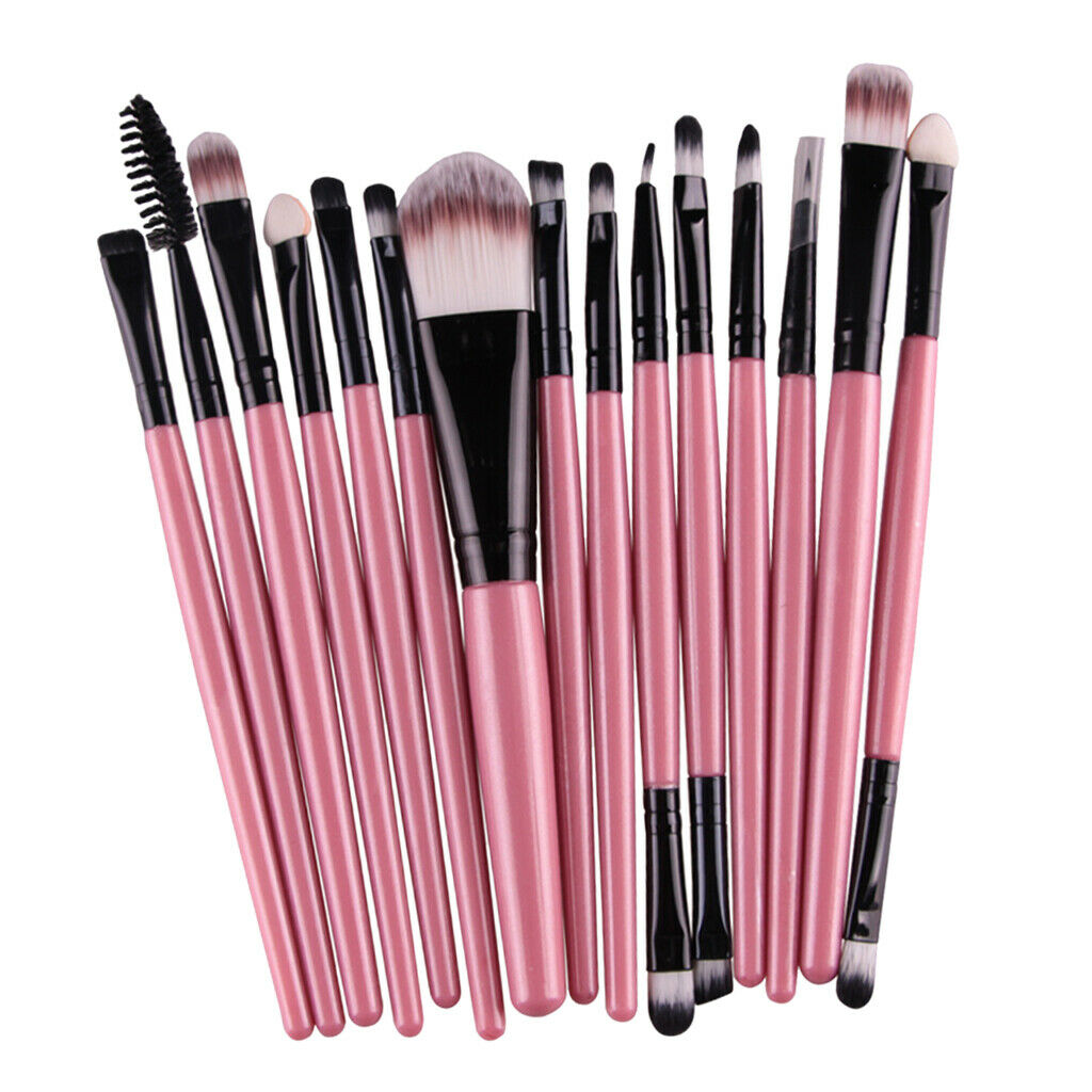 15 Pieces Cosmetic Eyeshadow Eyeliner Eyebrow Makeup Brush Pink Black