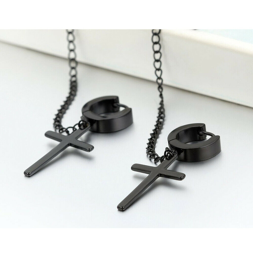 2pcs Stainless Steel Double Cross Dangle Chain Men's Hoop Earrings Black