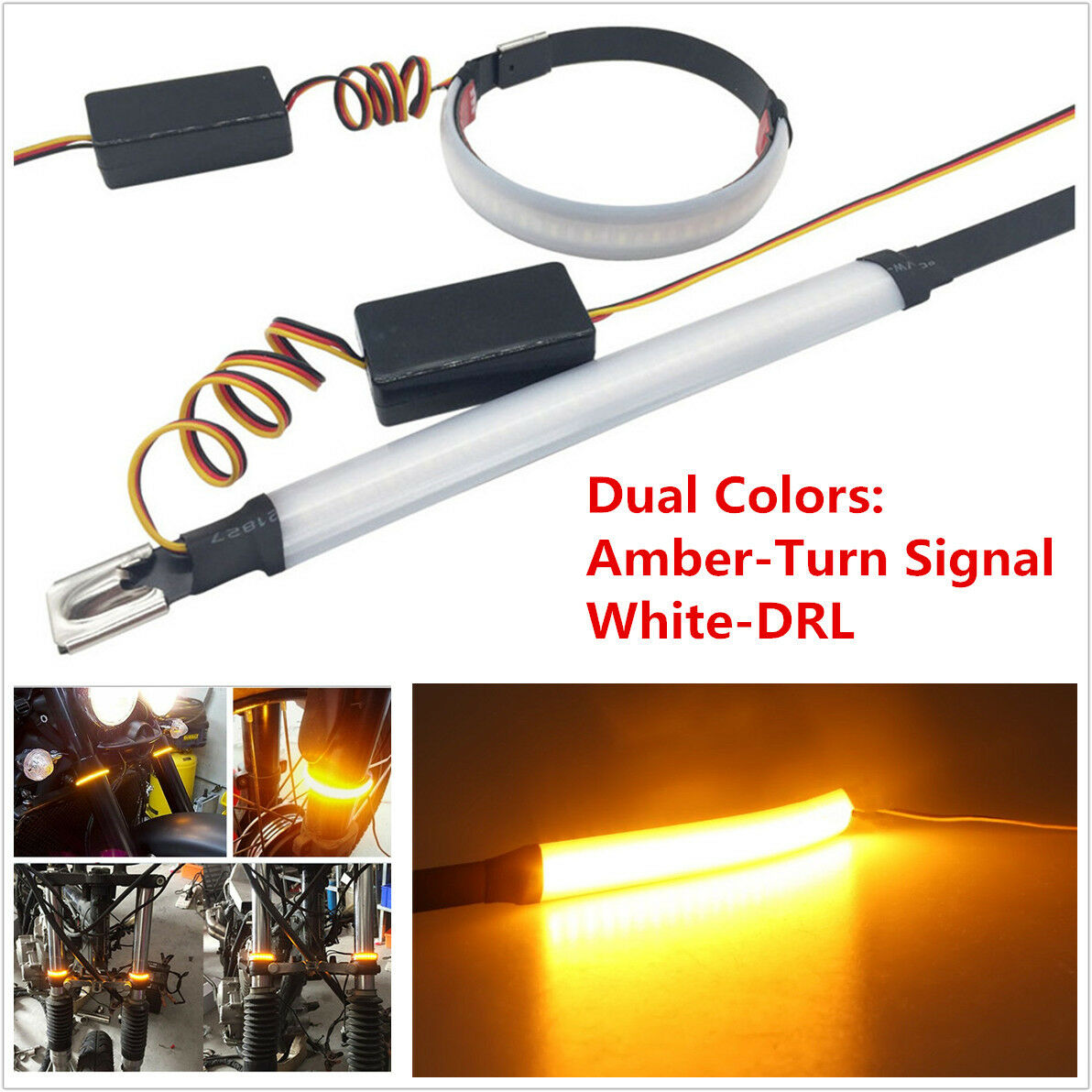 -XNAmber+White Dual Color Motorcycle Fork Turn Signals+DRL Light LED Strips 2Pcs